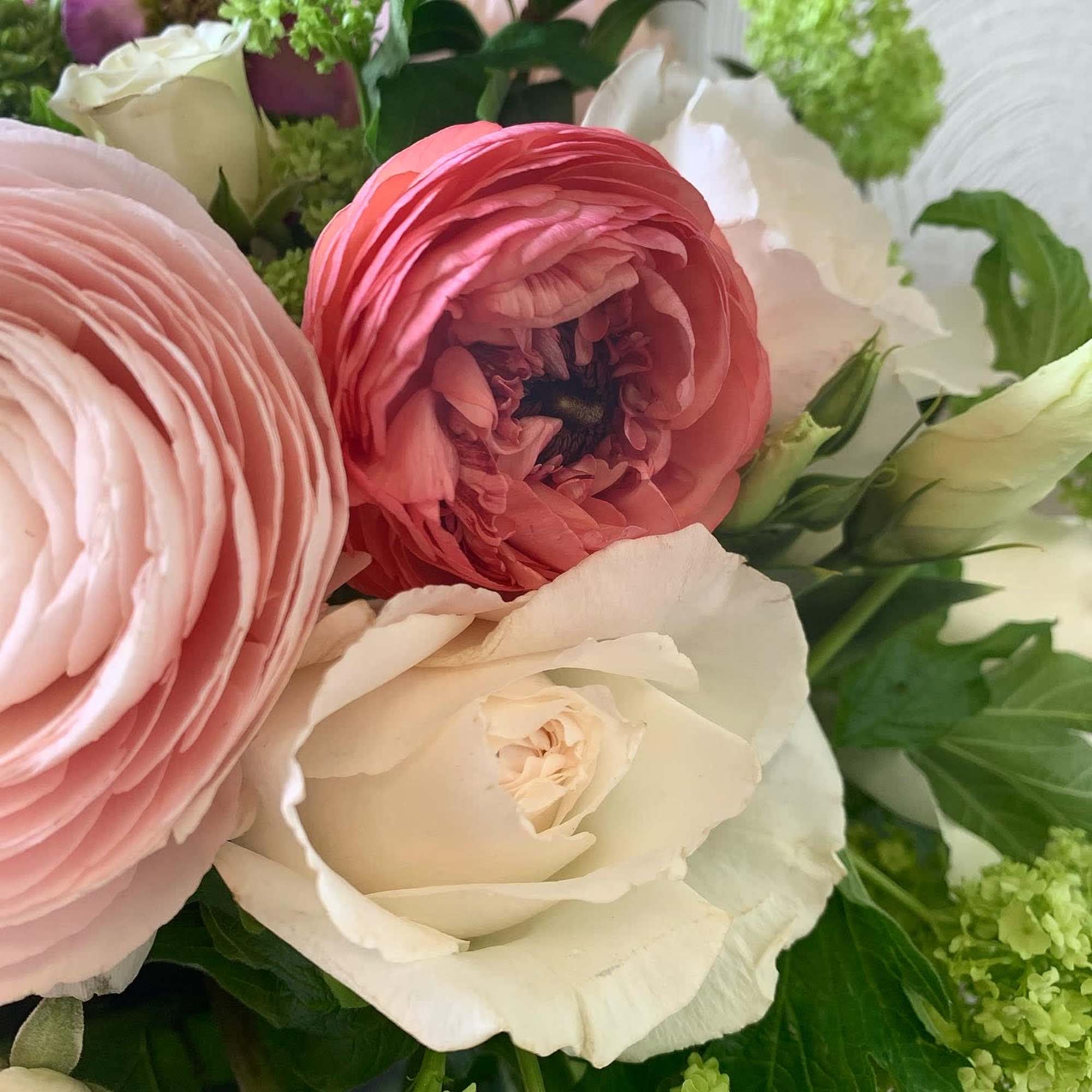 Close-up bouquet of pink, white, and coral flowers