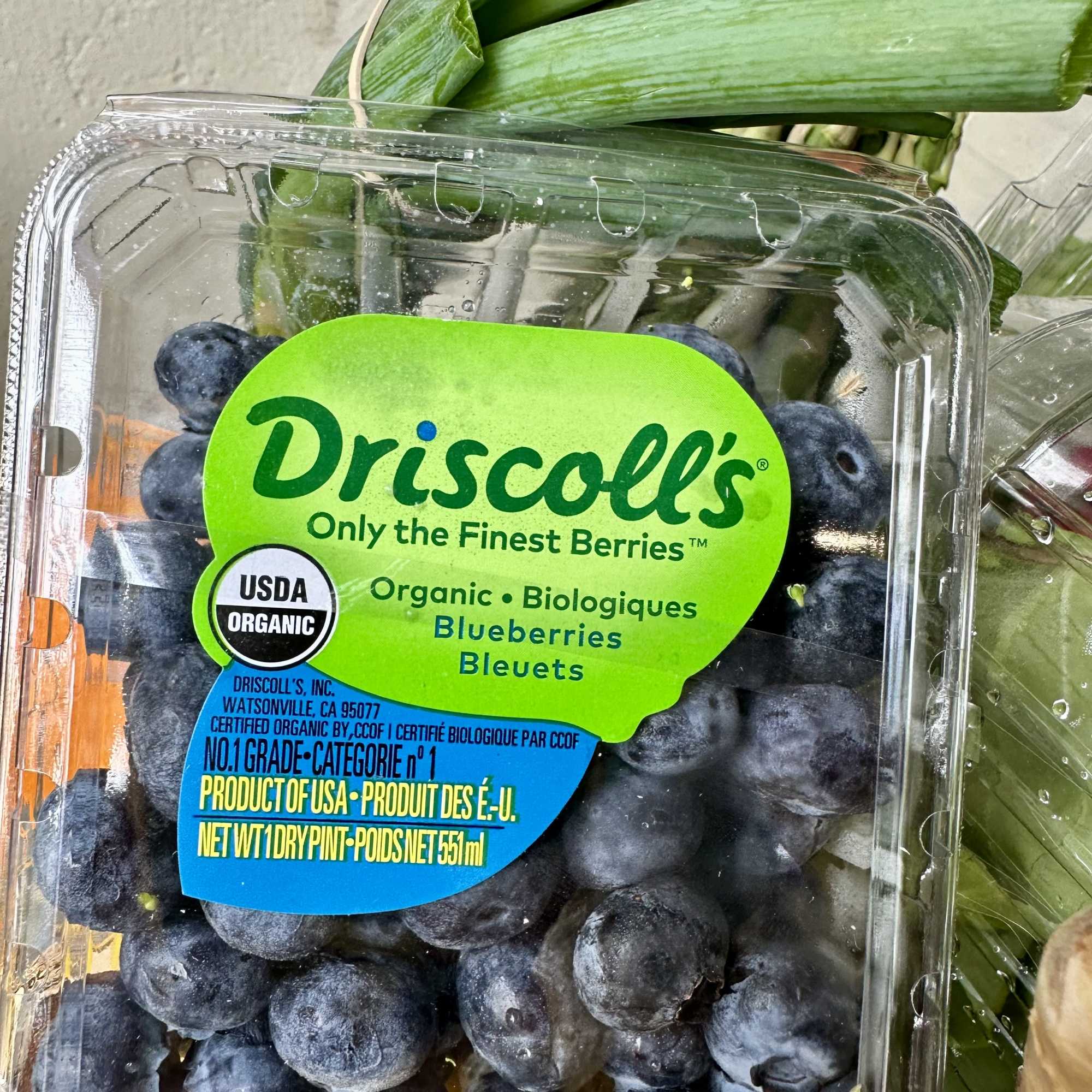 Plastic clamshell of organic blueberries with a green Driscoll's label