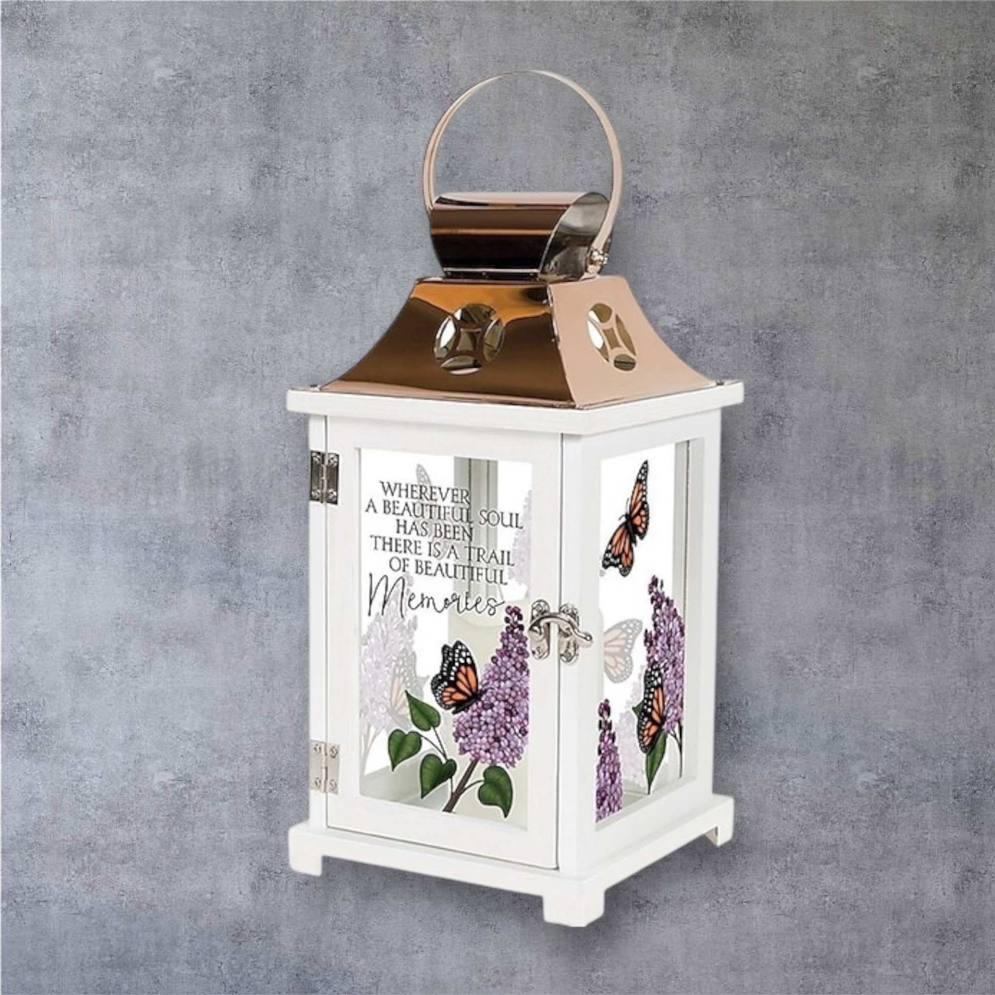 White memorial lantern with butterfly and lilac floral design