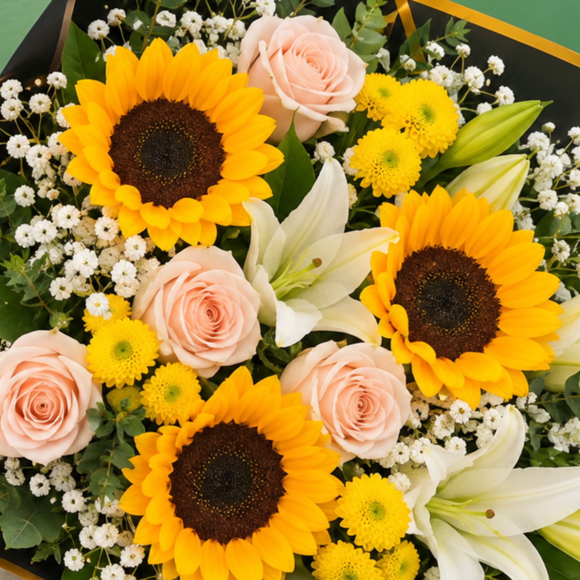 Bouquet with sunflowers, pale pink roses, white lilies, and yellow pompons