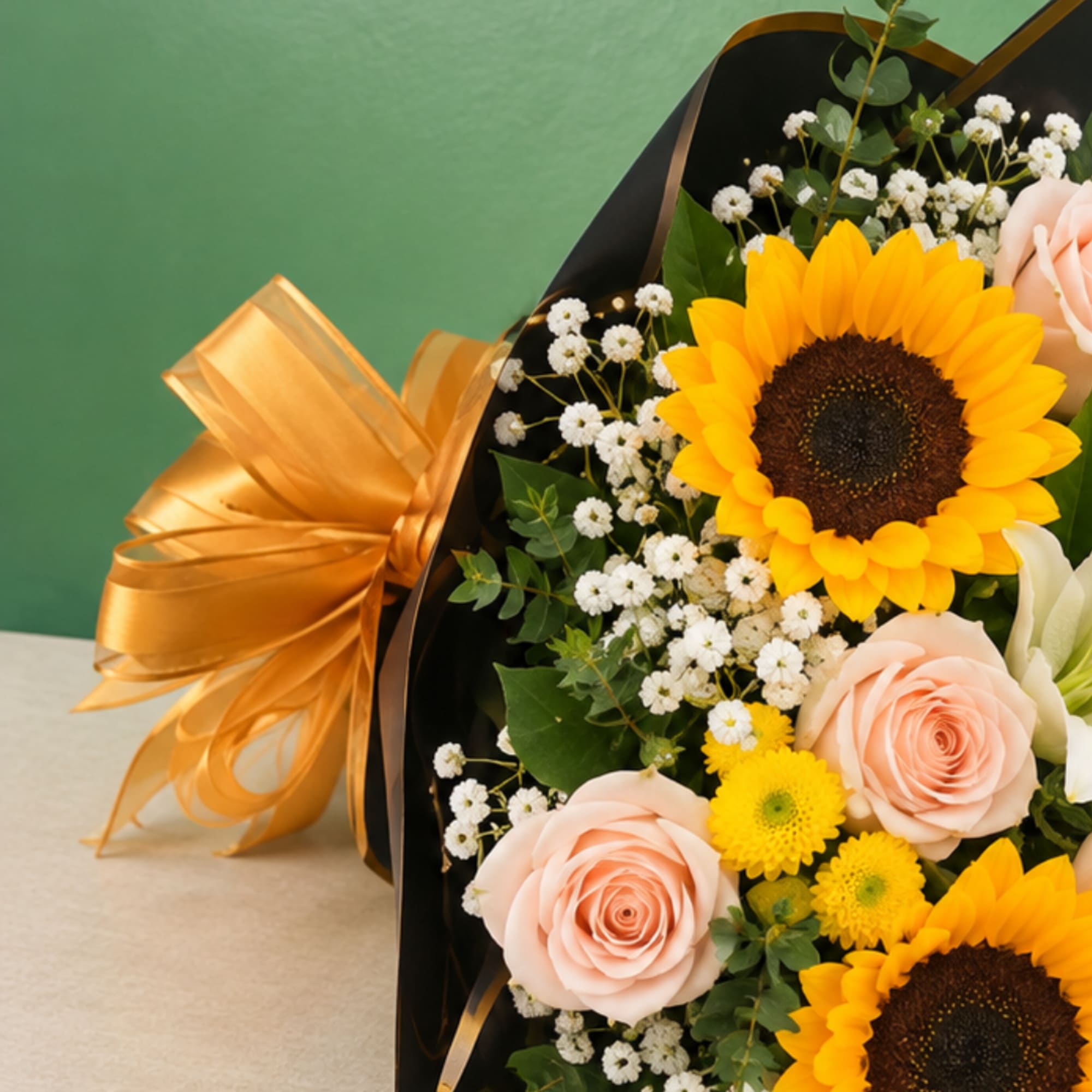 Bouquet of sunflowers and pale pink roses wrapped in black paper with a gold ribbon