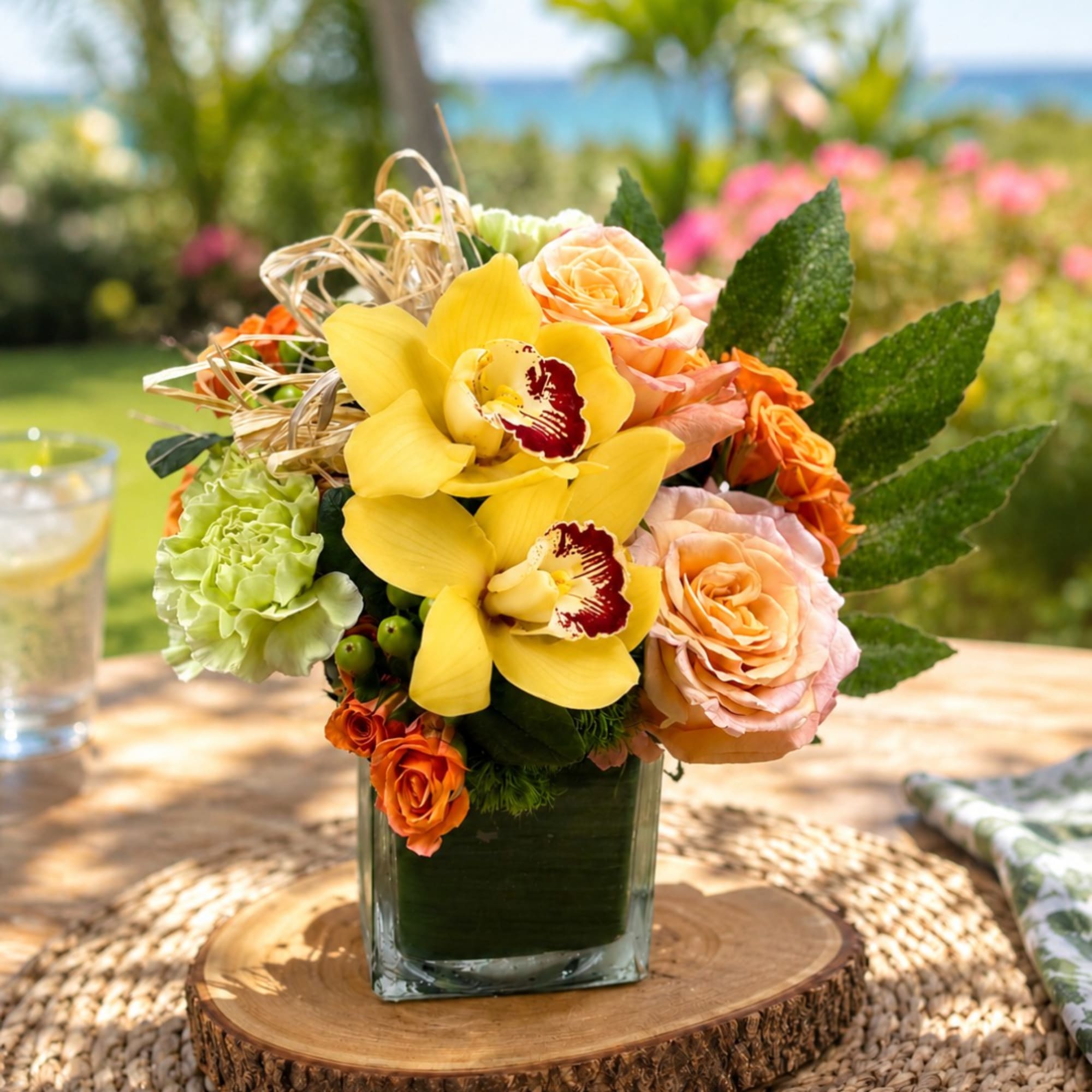 Yellow orchids and peach roses arranged in a square glass vase