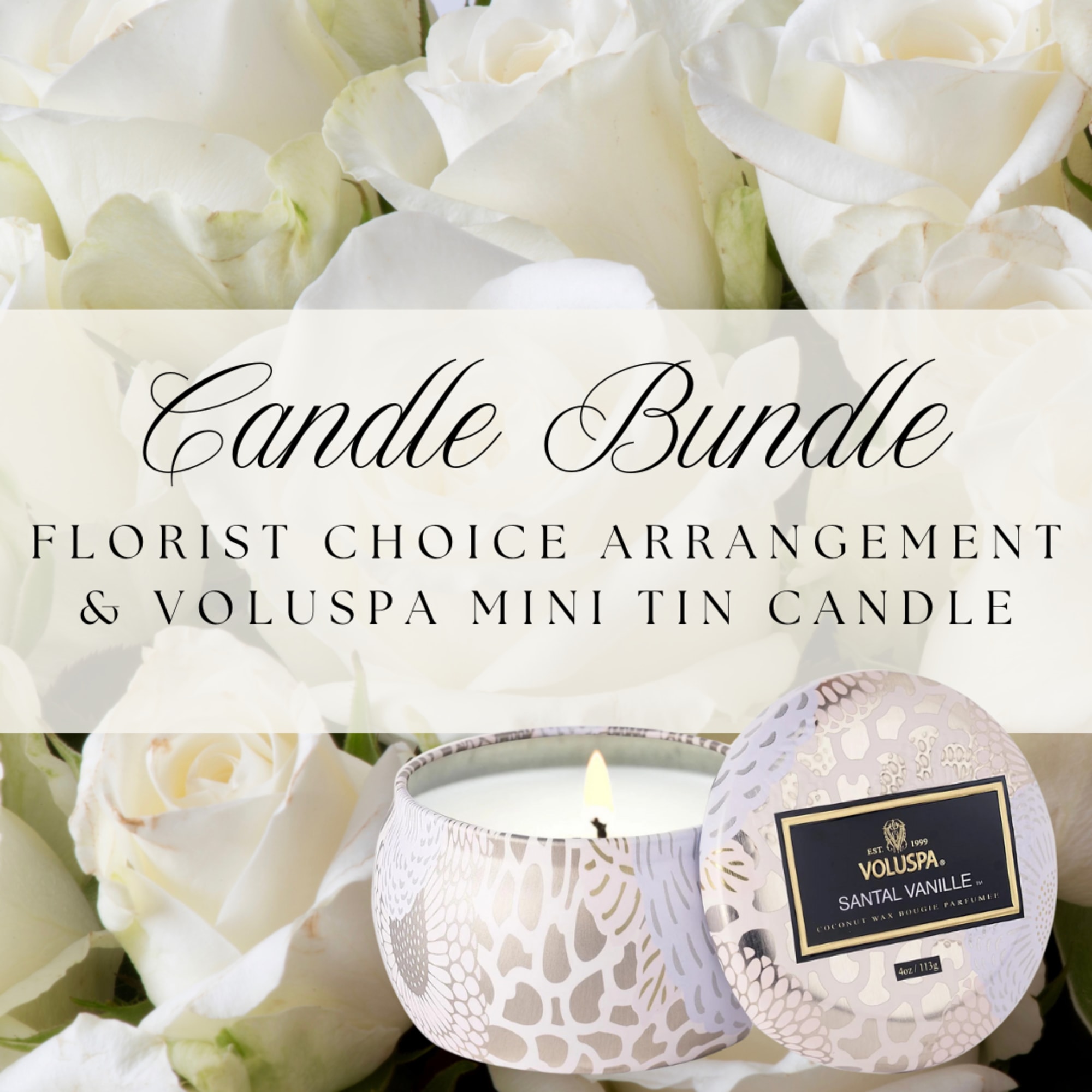 White rose bouquet with a patterned tin candle