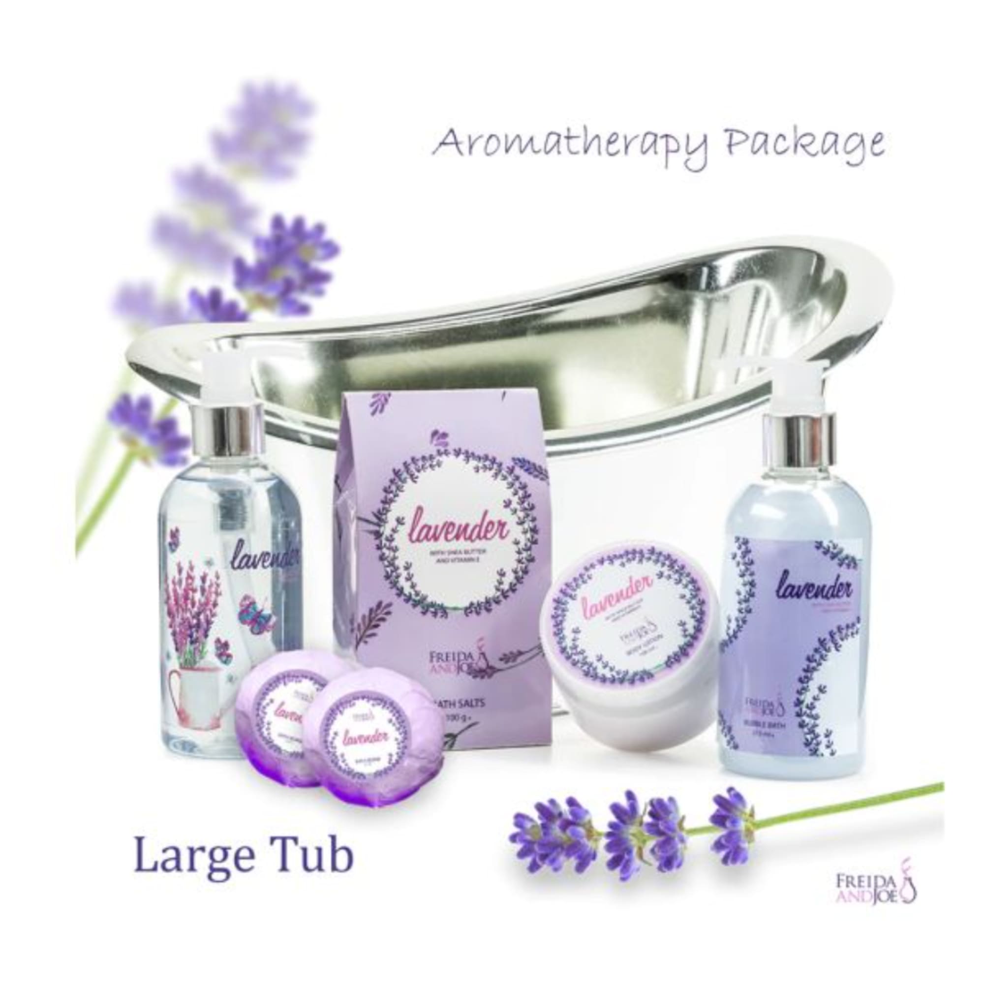 Lavender bath gift set with bottles, soaps, and a tub