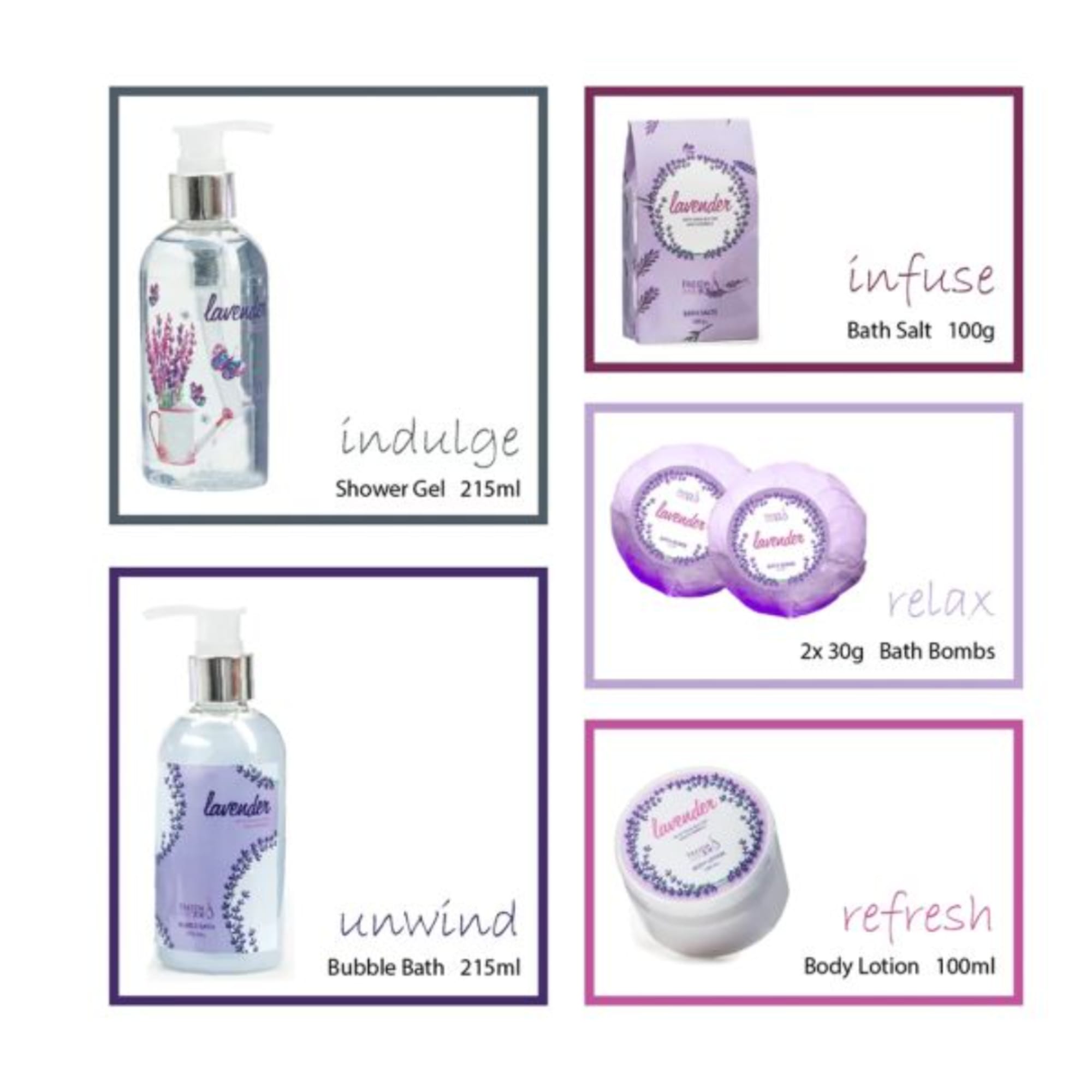 Lavender bath gift set with shower gel, bath salts, bath bombs, bubble bath, and body lotion