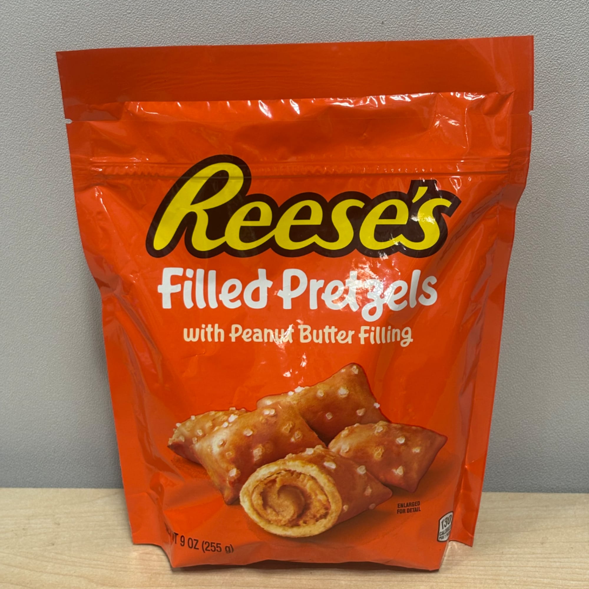 Orange bag of Reese's filled pretzels with peanut butter filling