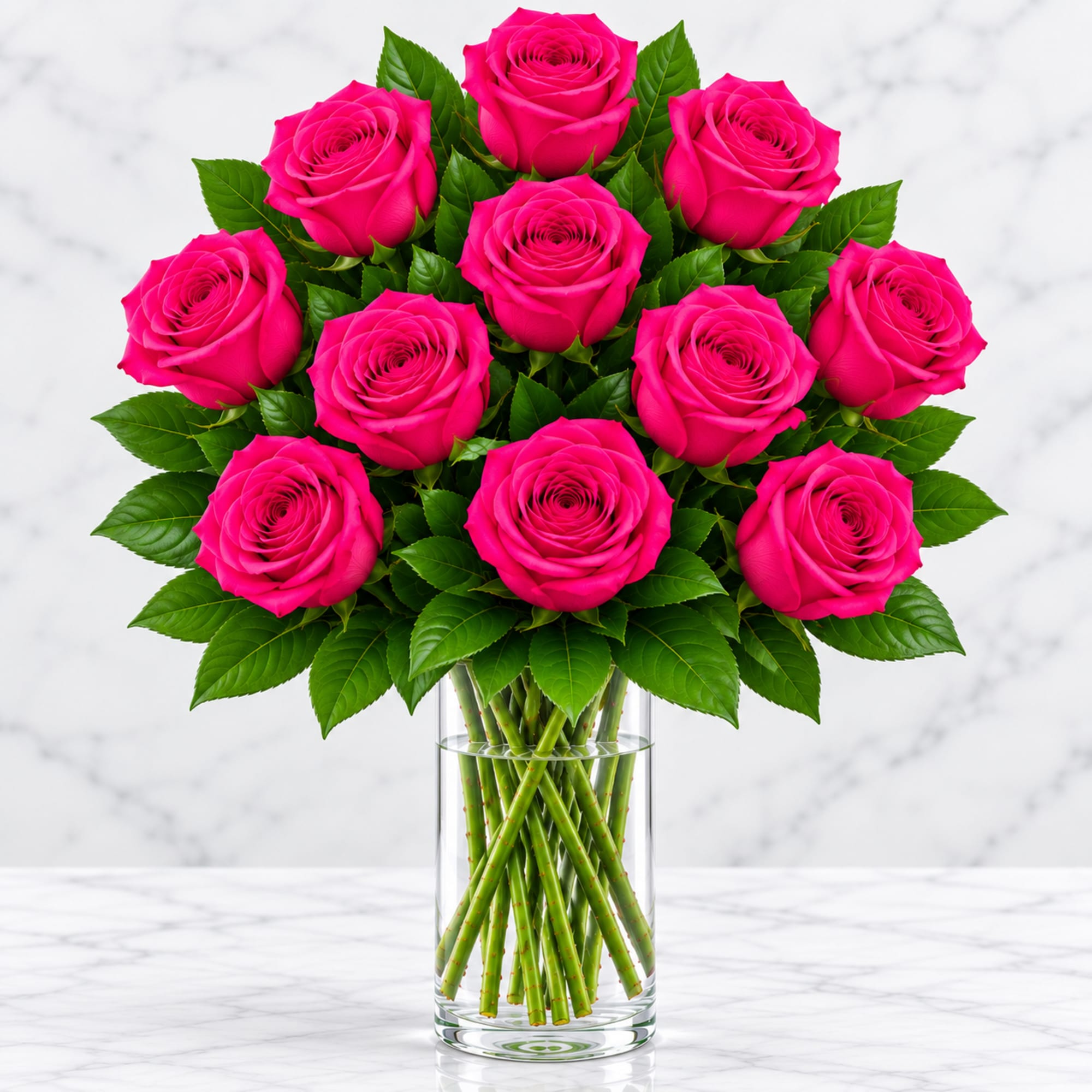 Bouquet of hot pink roses in a clear glass vase