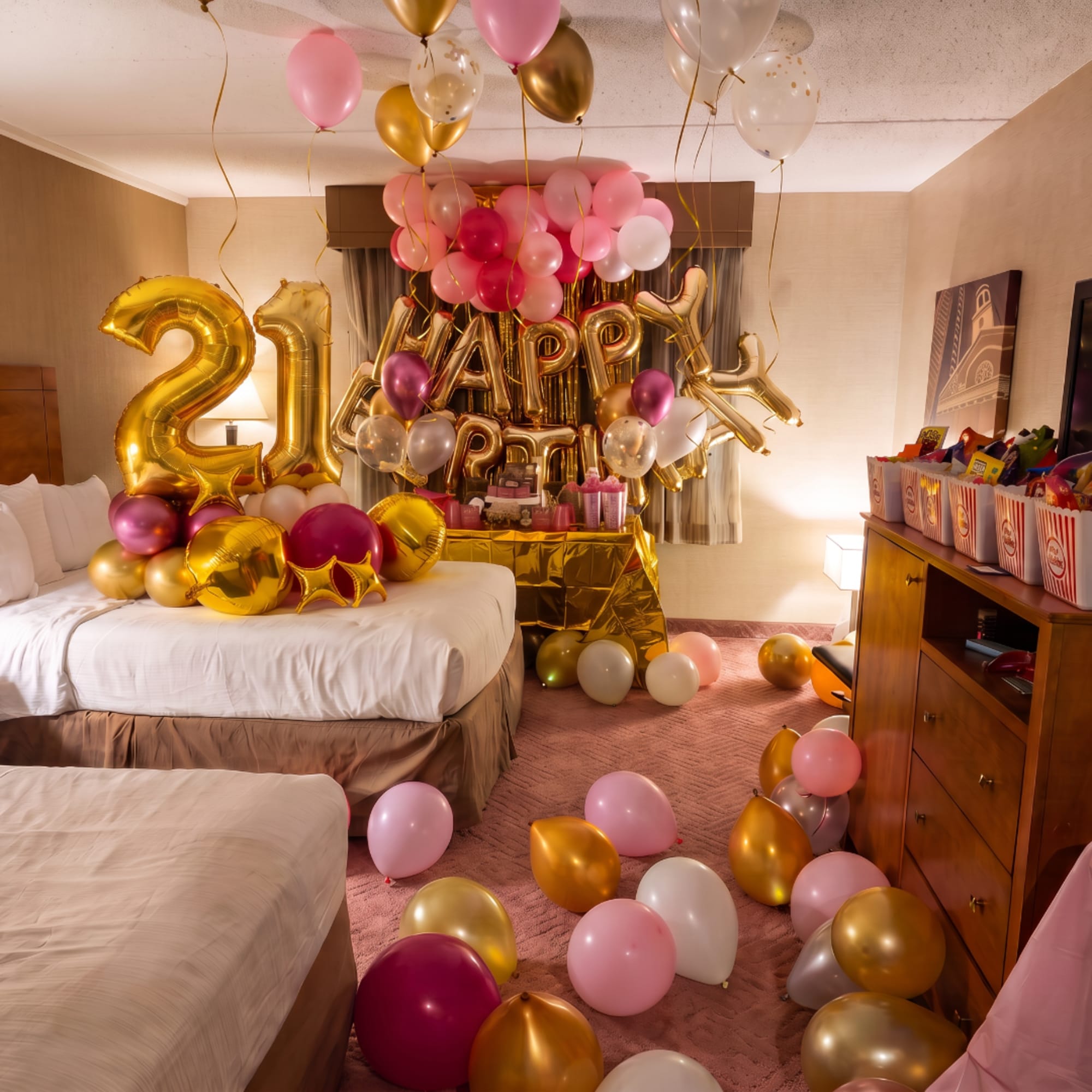 Birthday room decorated with gold and pink balloons and large "21" balloons