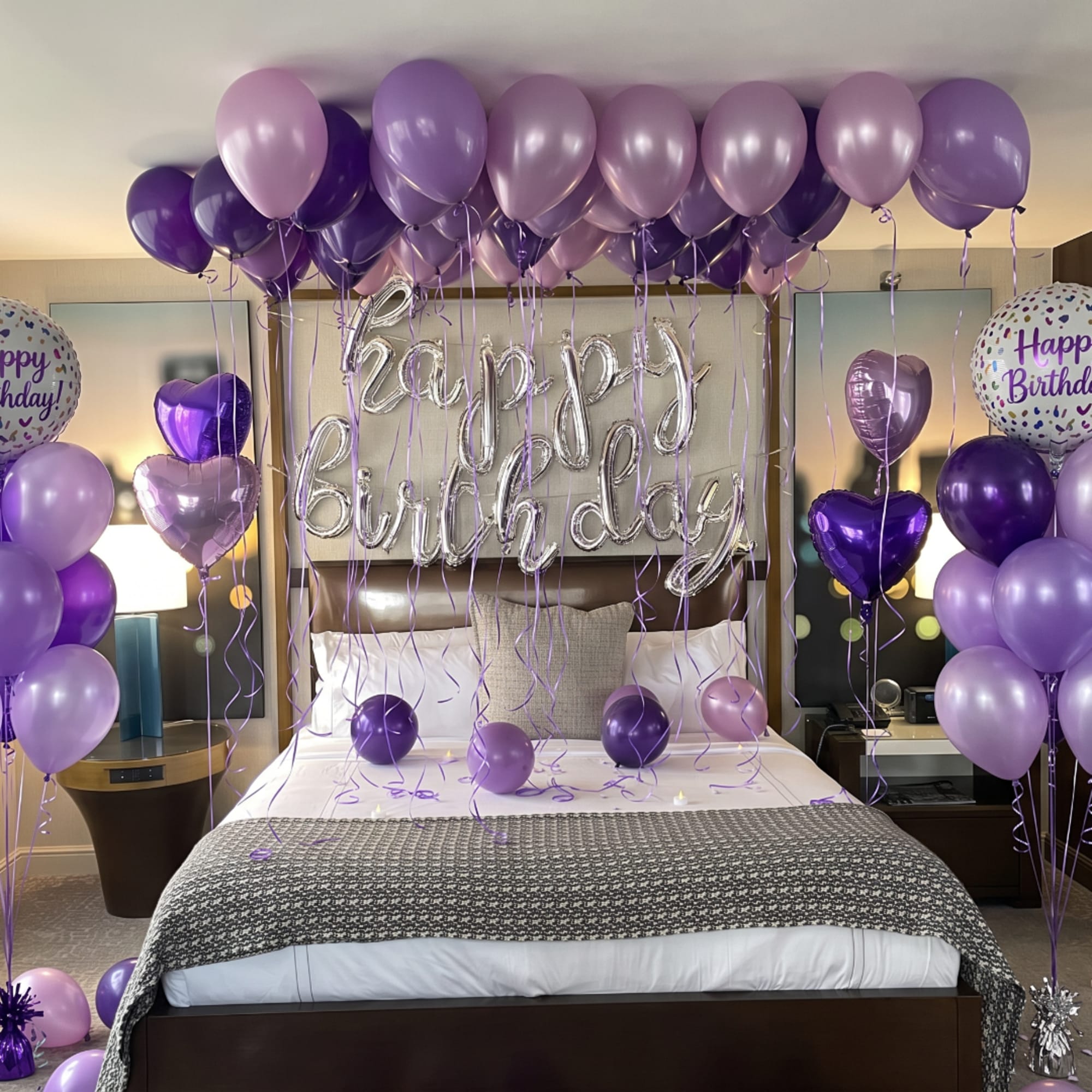 Purple birthday balloon display over a bed with silver "happy birthday" letters