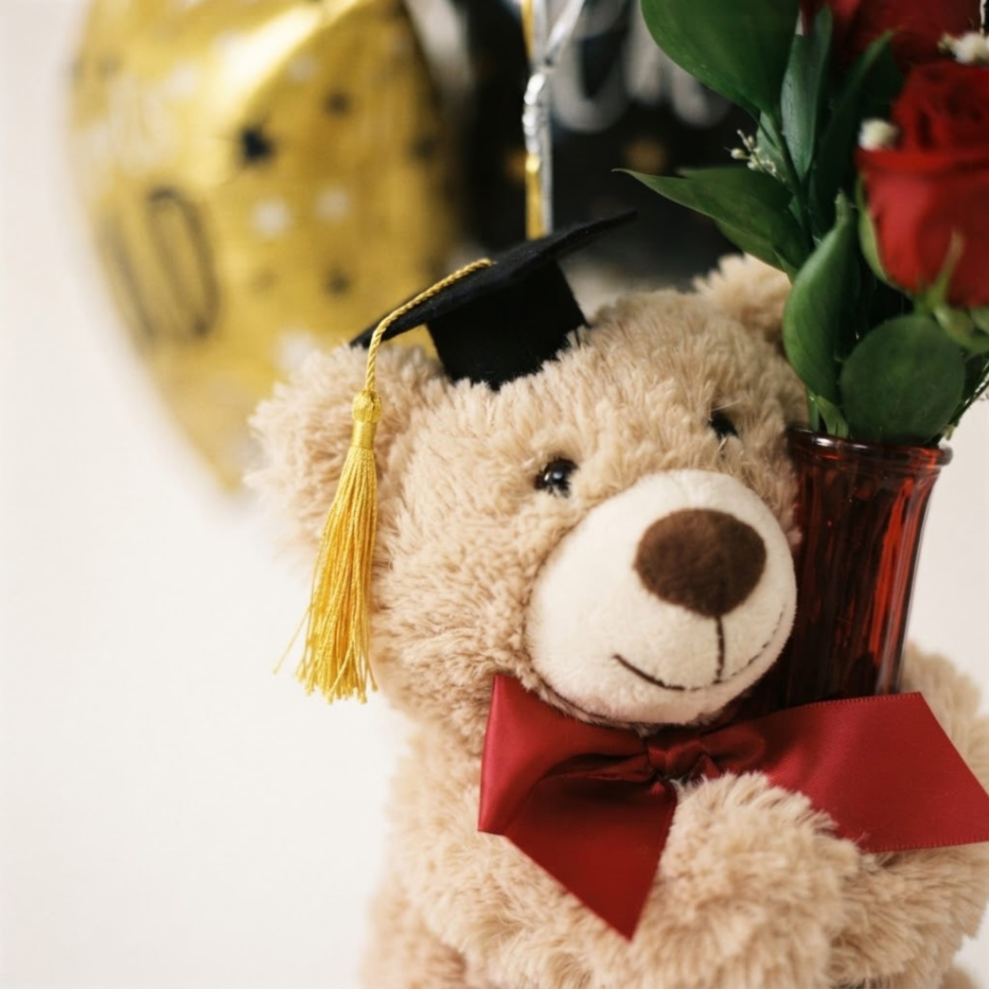 Teddy bear with graduation cap beside red flowers in a vase
