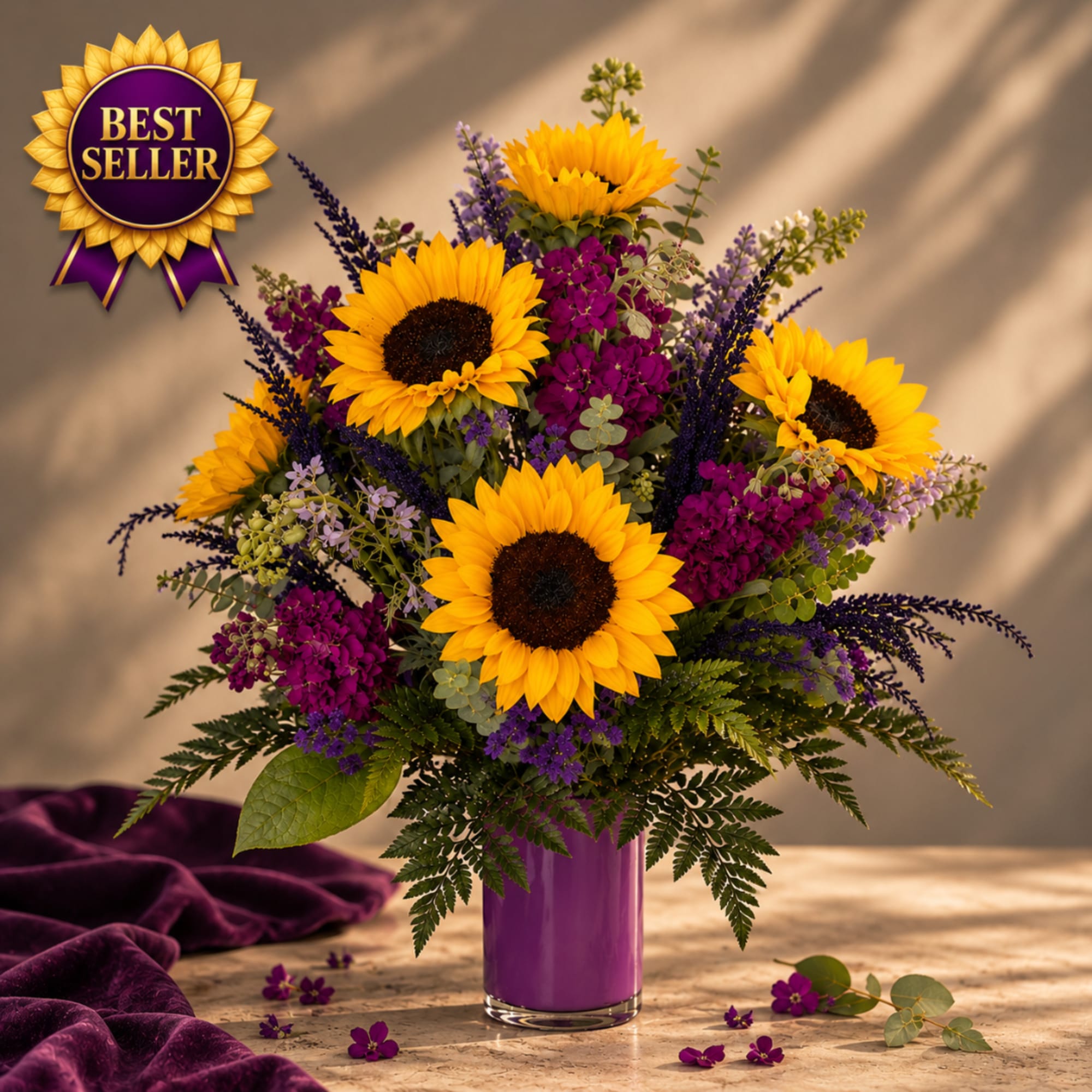 Sunflower bouquet in a purple vase with purple flowers