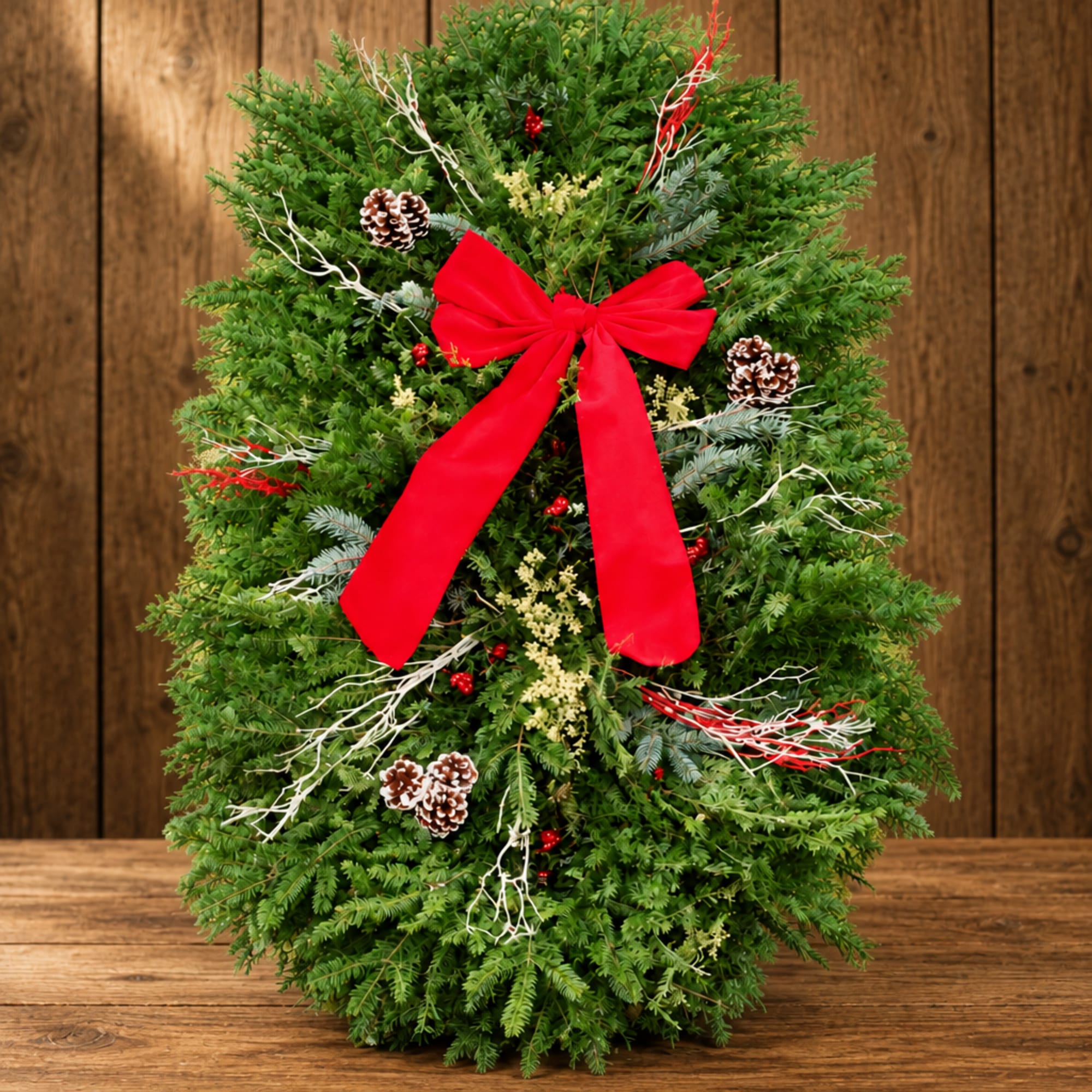 Holiday evergreen wreath with a red bow and pinecones, photo 4 of 4