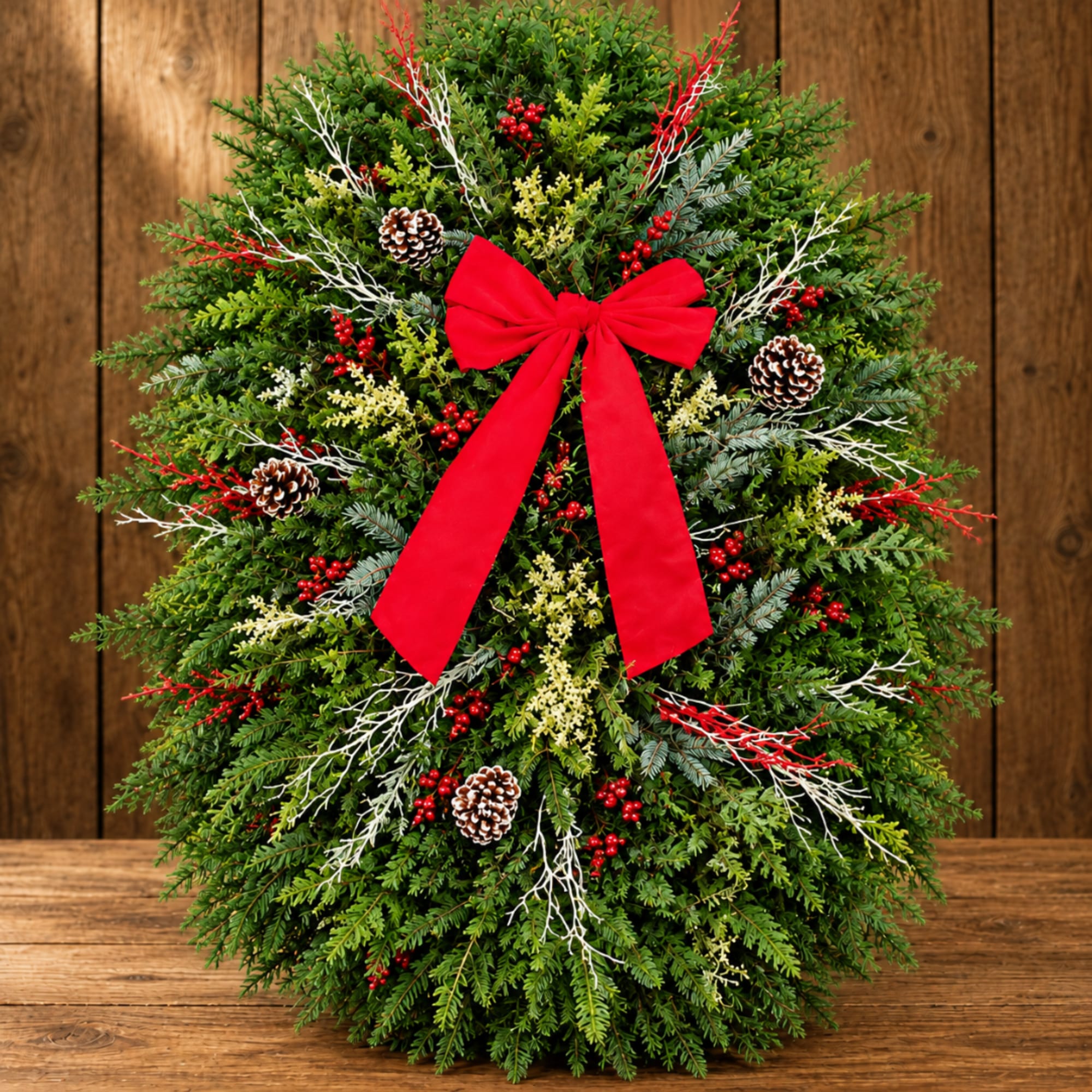 Christmas wreath with a red bow, pinecones, and red berry accents