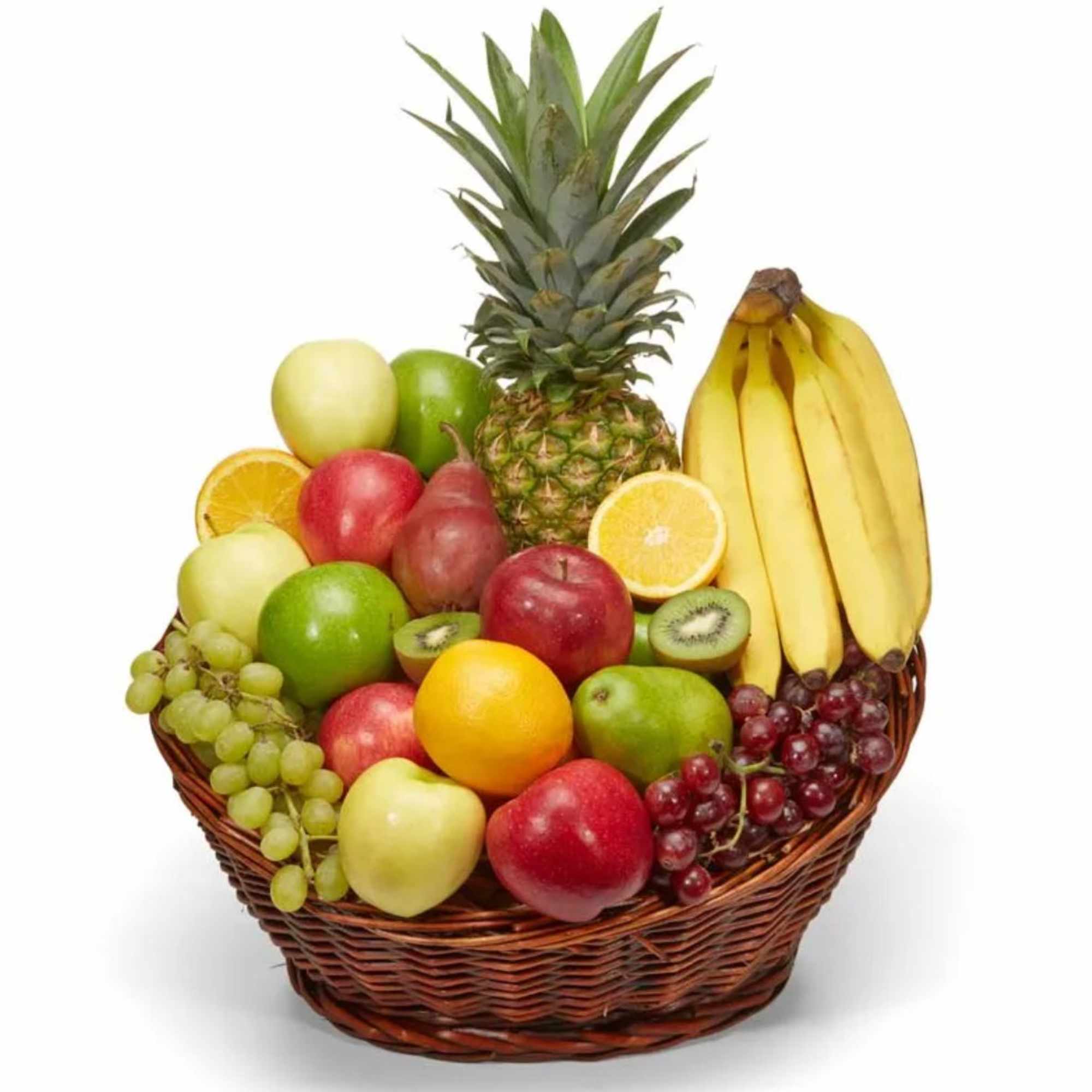 Fruit basket with bananas, pineapple, apples, grapes, oranges, and kiwi