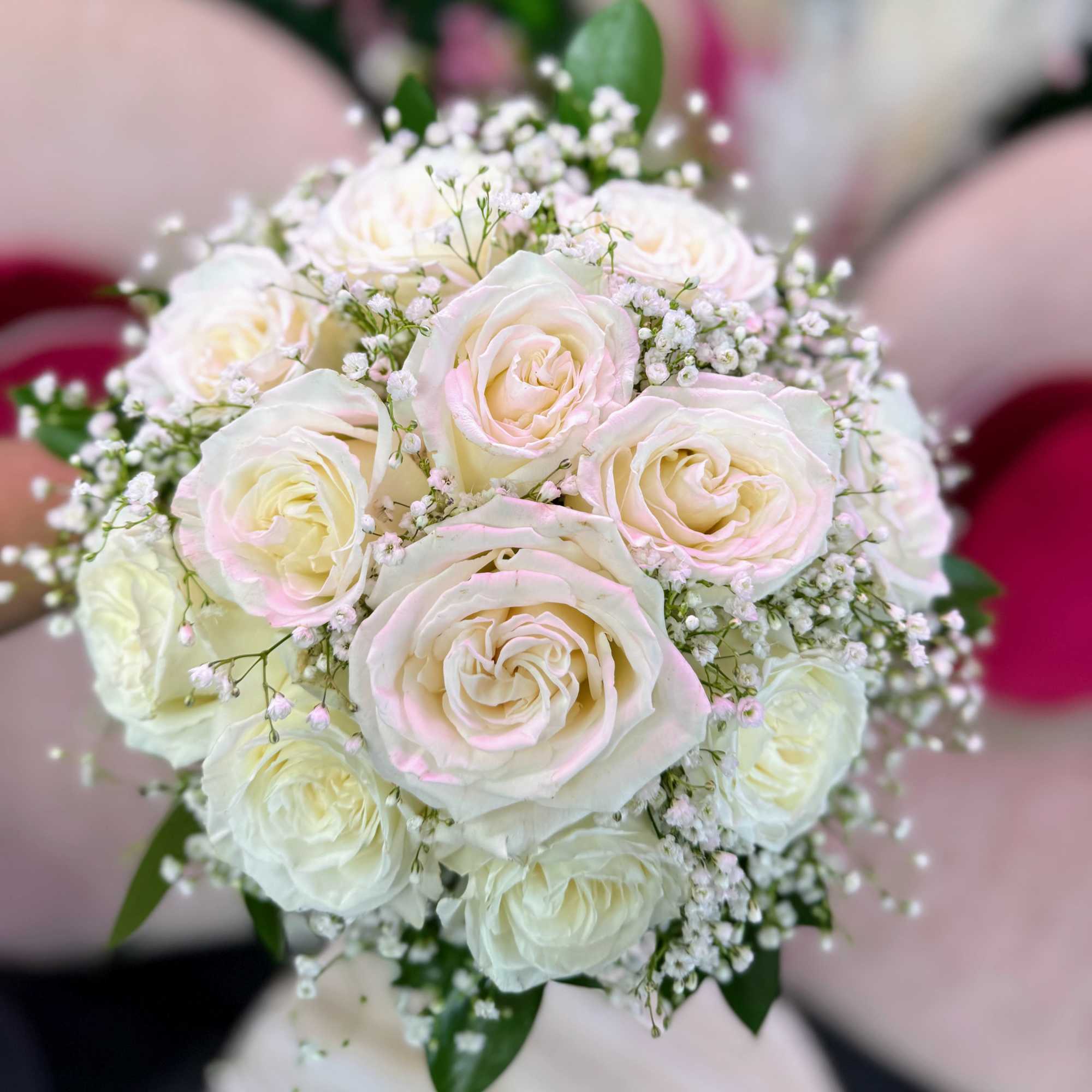 Bouquet of white roses with baby's breath, photo 2 of 3