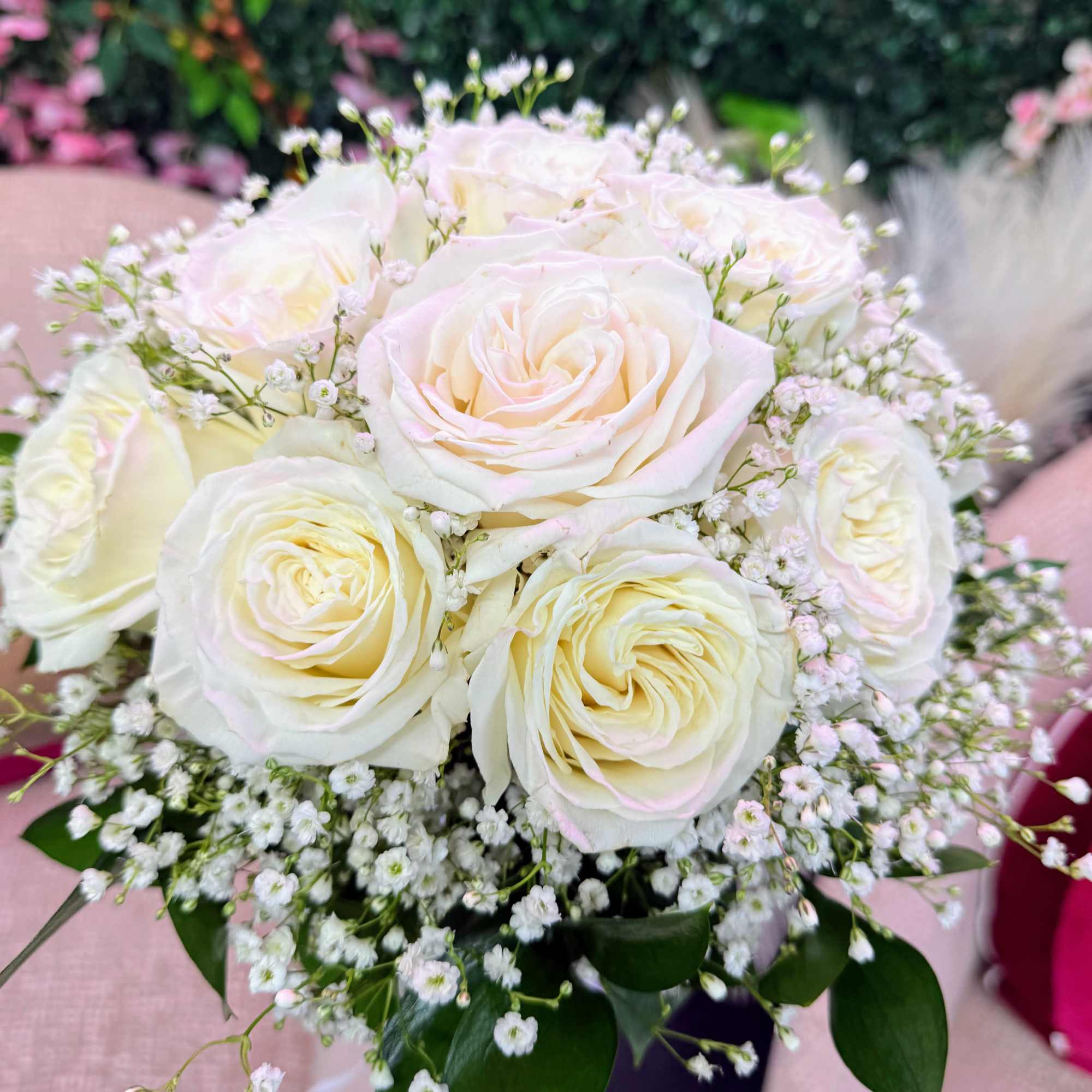Bouquet of white roses with baby's breath, photo 3 of 3
