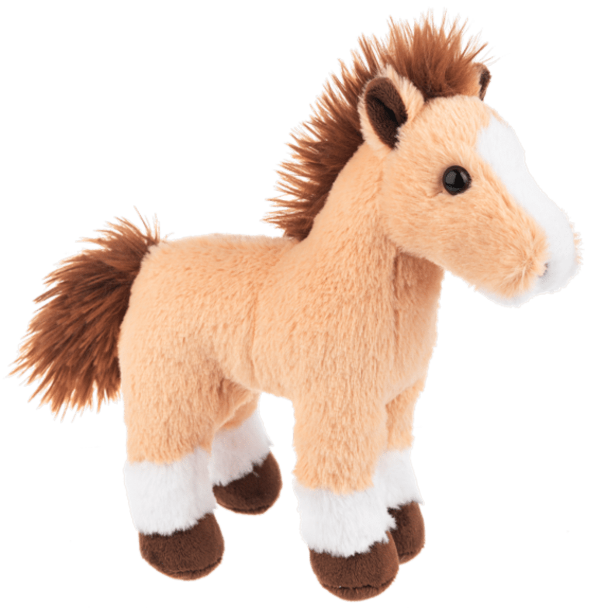 Plush toy horse with tan, brown, and white fur