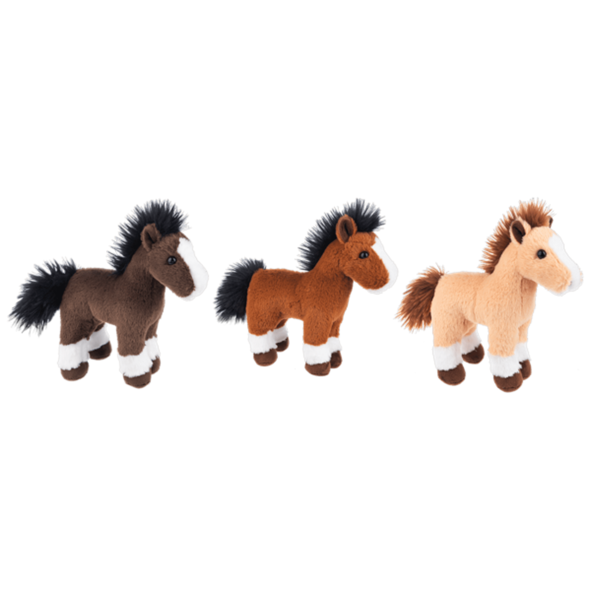 Three plush toy horses in brown, chestnut, and tan