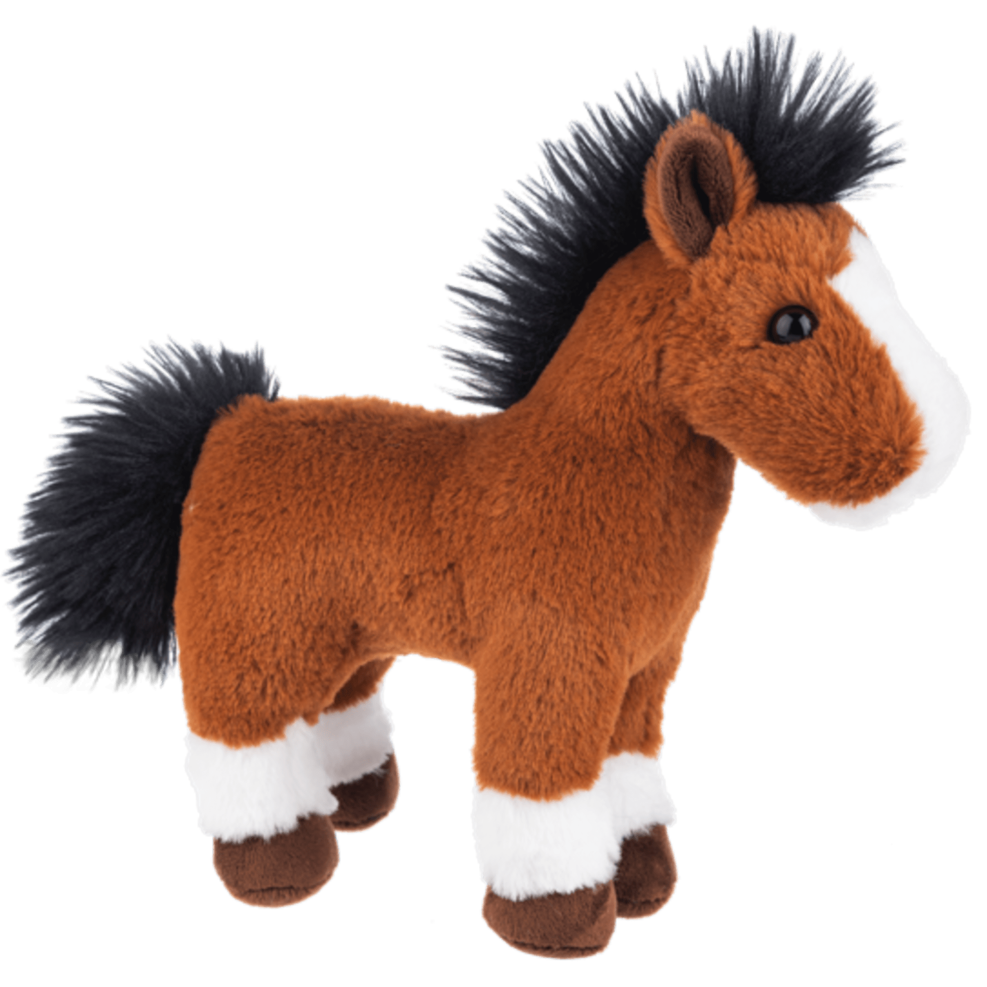 Brown plush horse with black mane and white markings