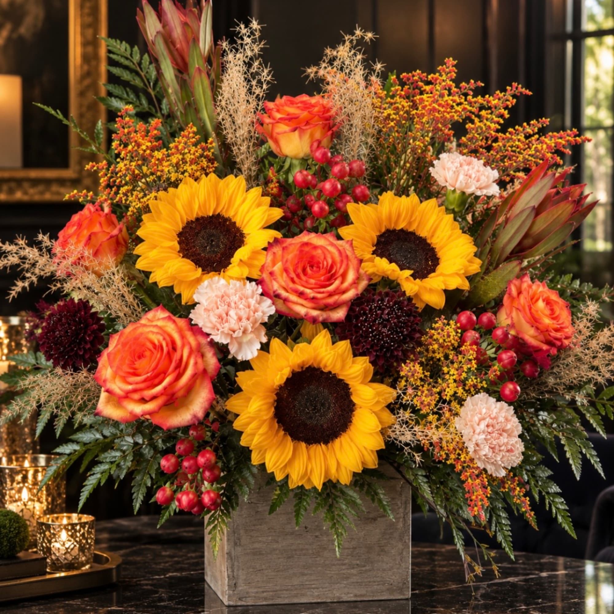 Sunflowers and orange roses arranged in a wooden box