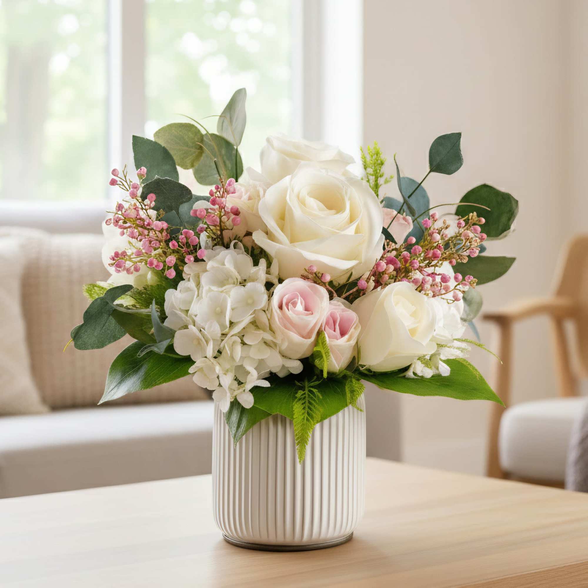 White and blush roses arranged in a ribbed vase with greenery
