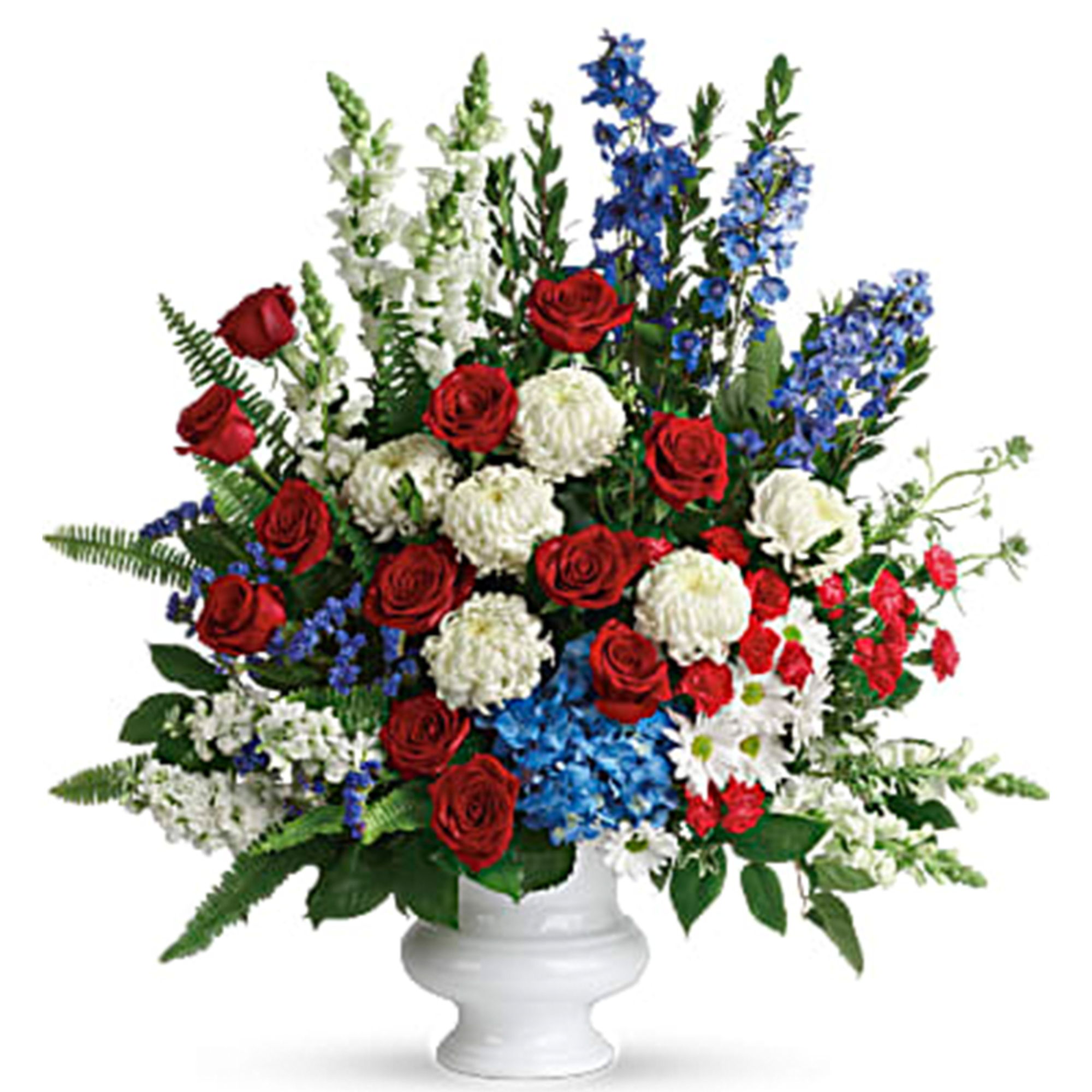 A dazzling display of patriotic red, white and blue flowers sends a