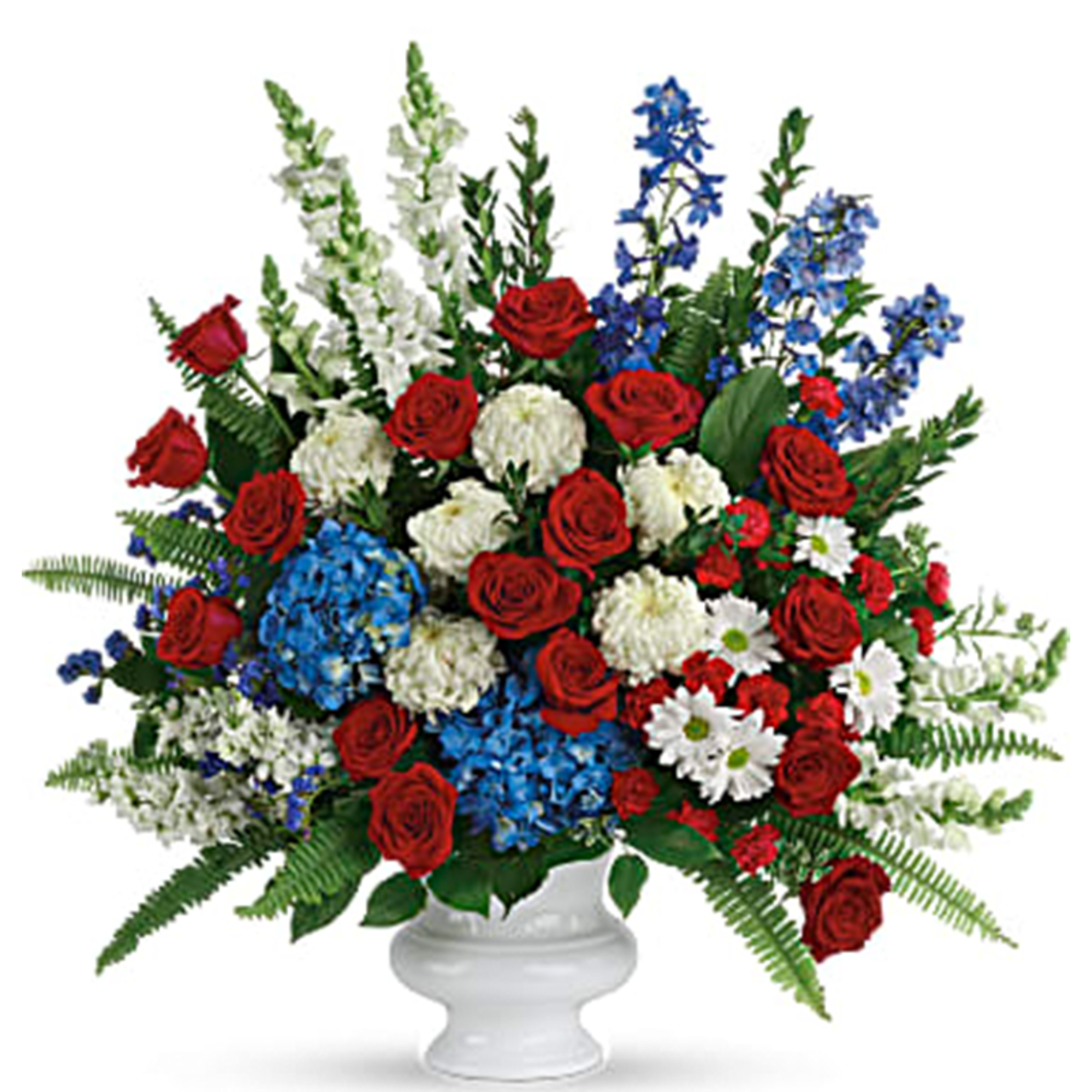 A dazzling display of patriotic red, white and blue flowers sends a
