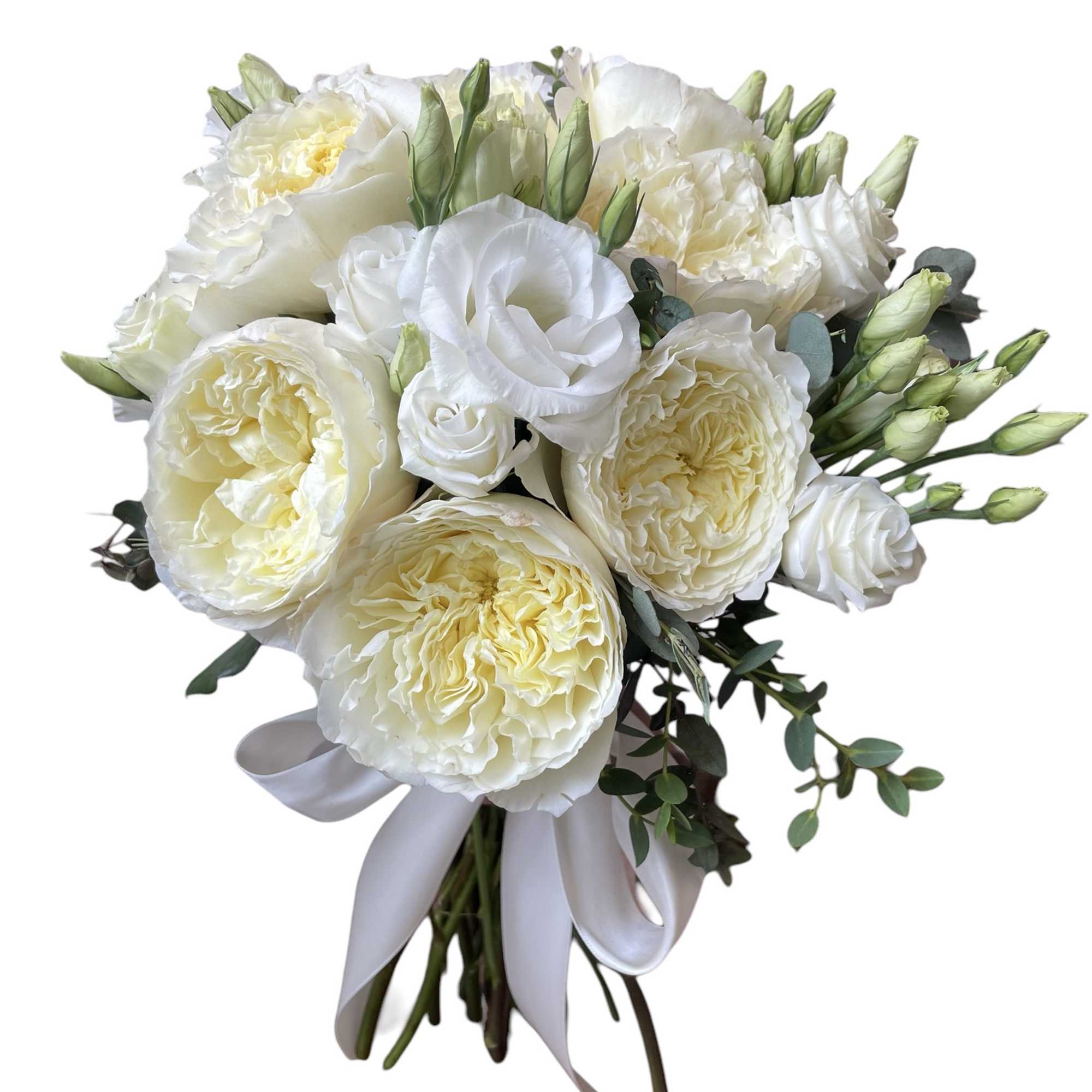 White and cream bouquet of roses and lisianthus tied with a white ribbon