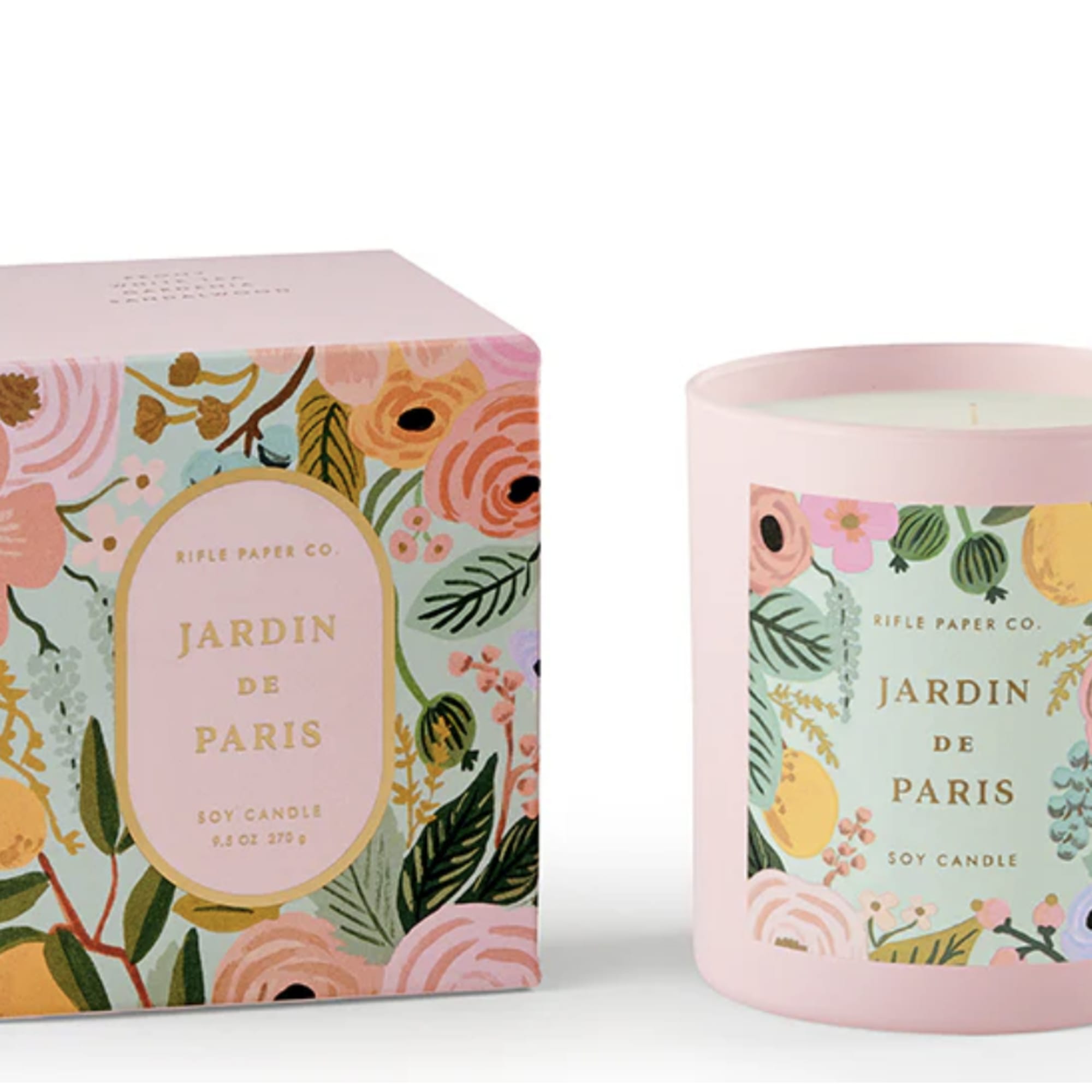 Pink floral soy candle in a glass jar with matching box