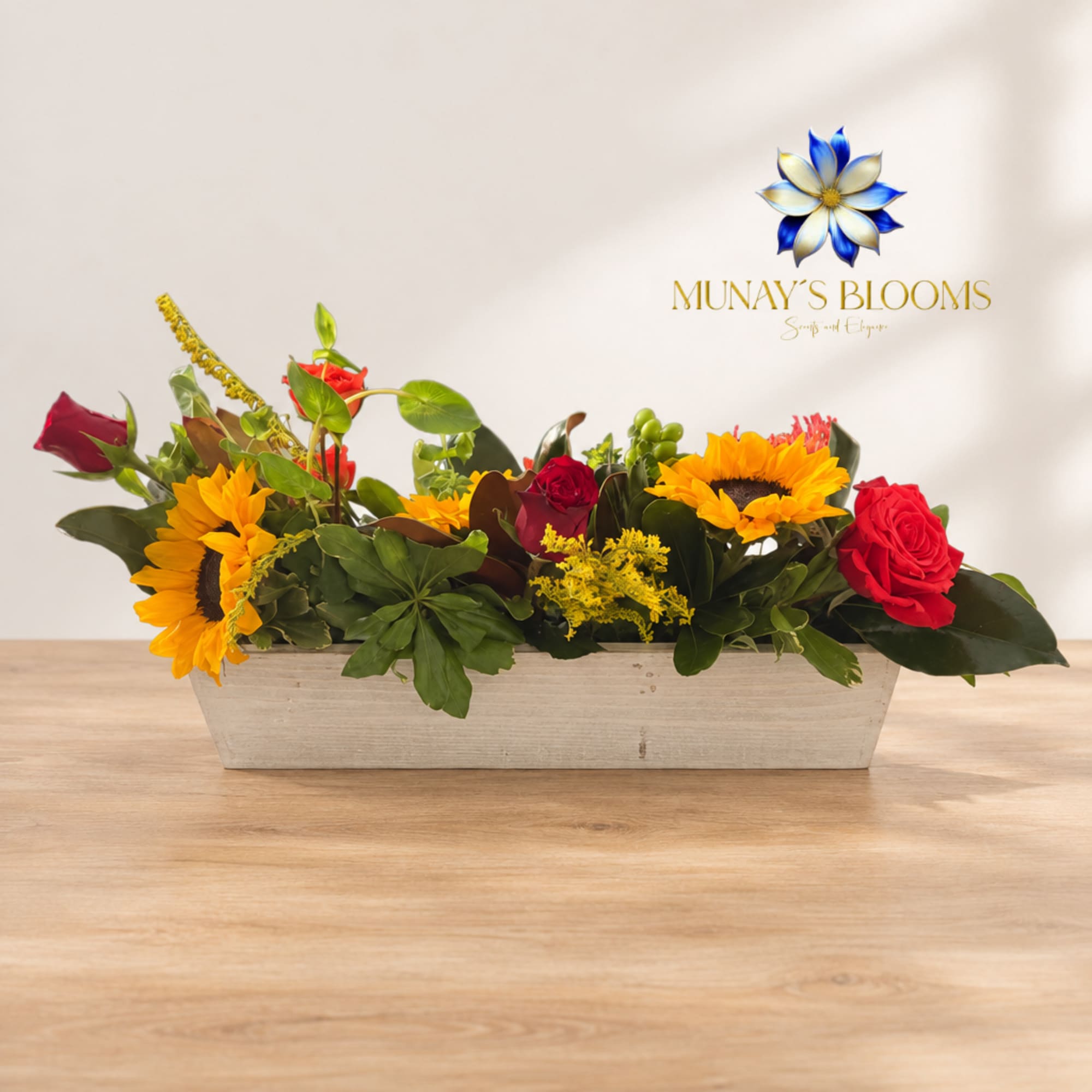 Rectangular flower arrangement with sunflowers and red roses in a white planter, photo 2 of 4