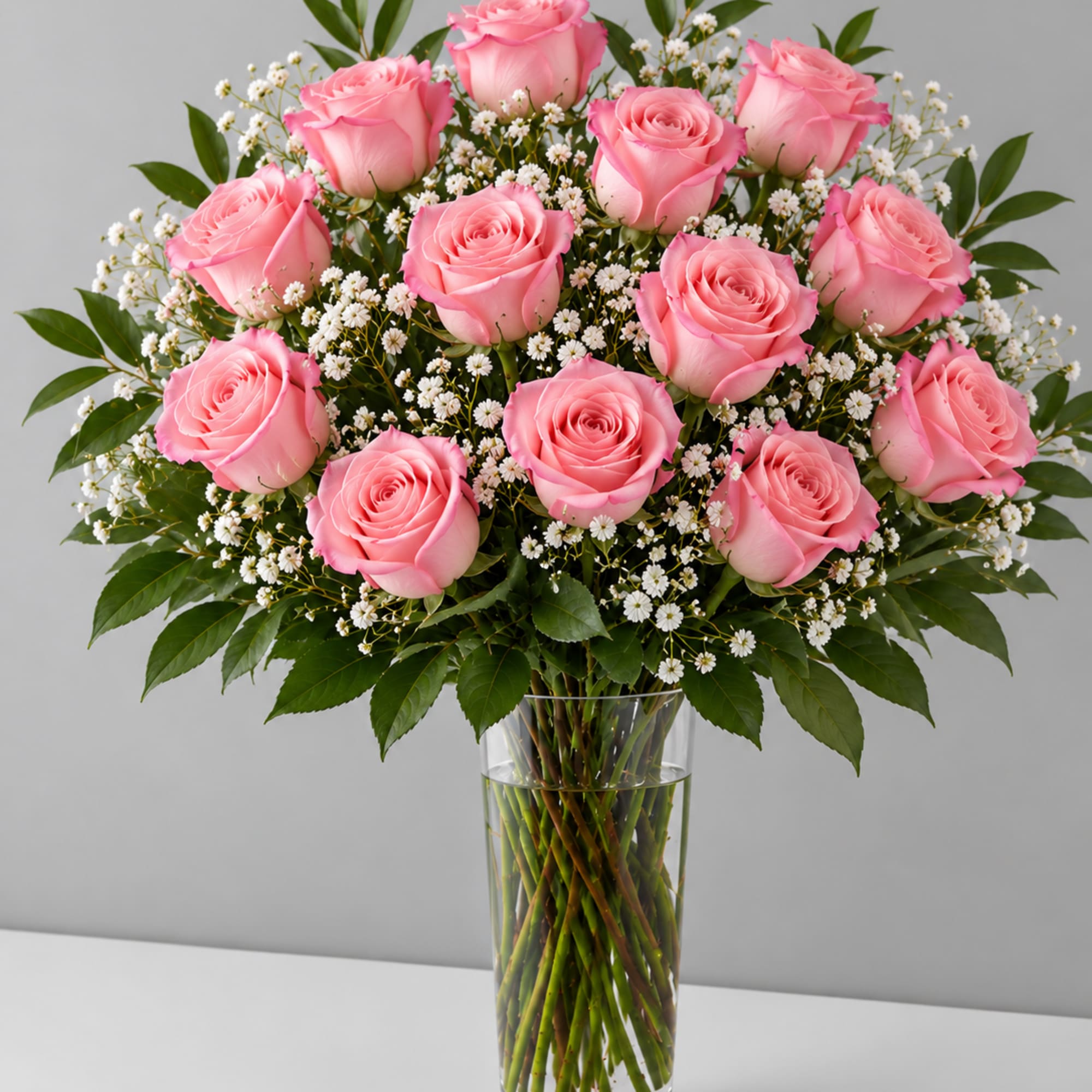 Pink roses arranged in a clear glass vase with small white filler flowers