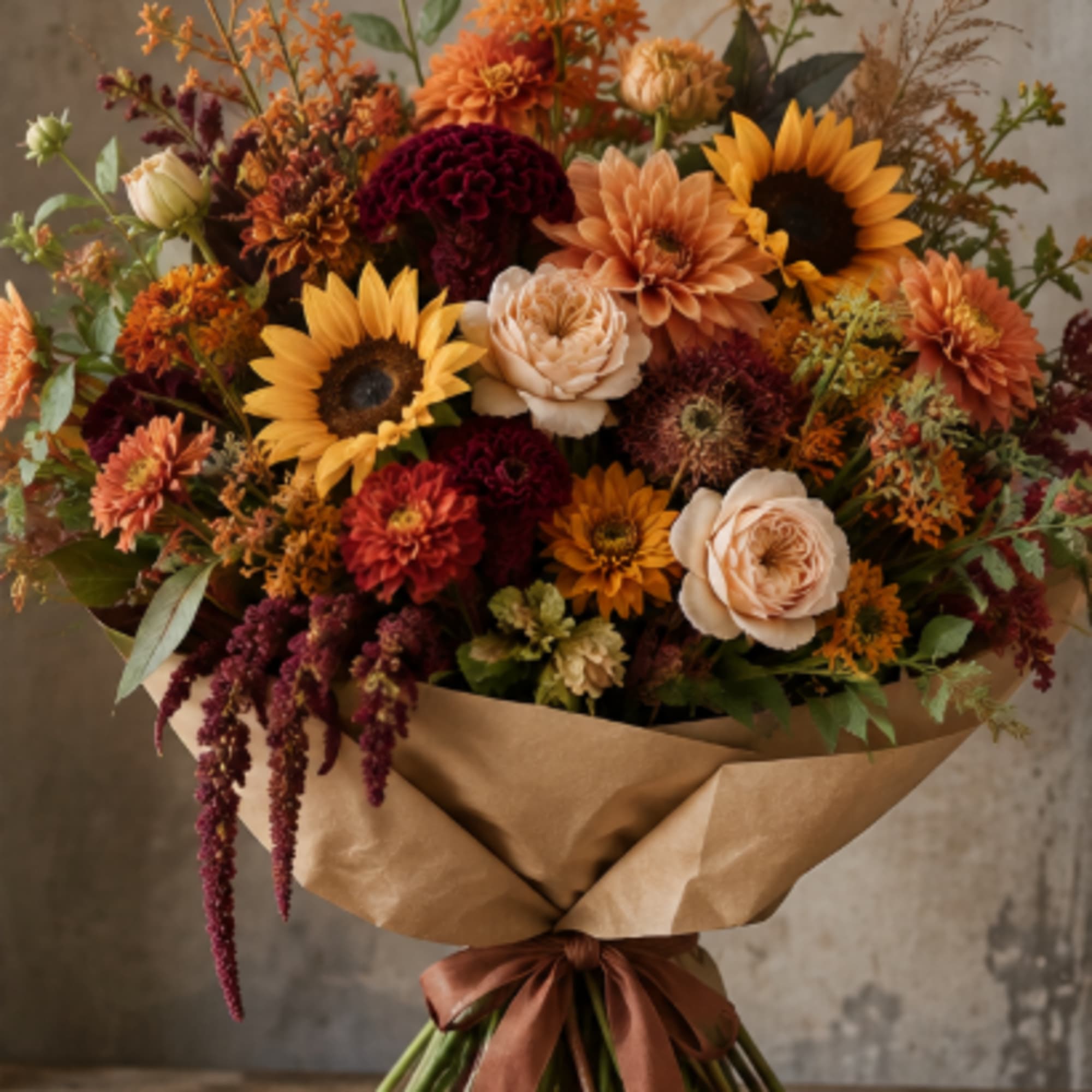 Bouquet of sunflowers, dahlias, and roses wrapped in brown paper