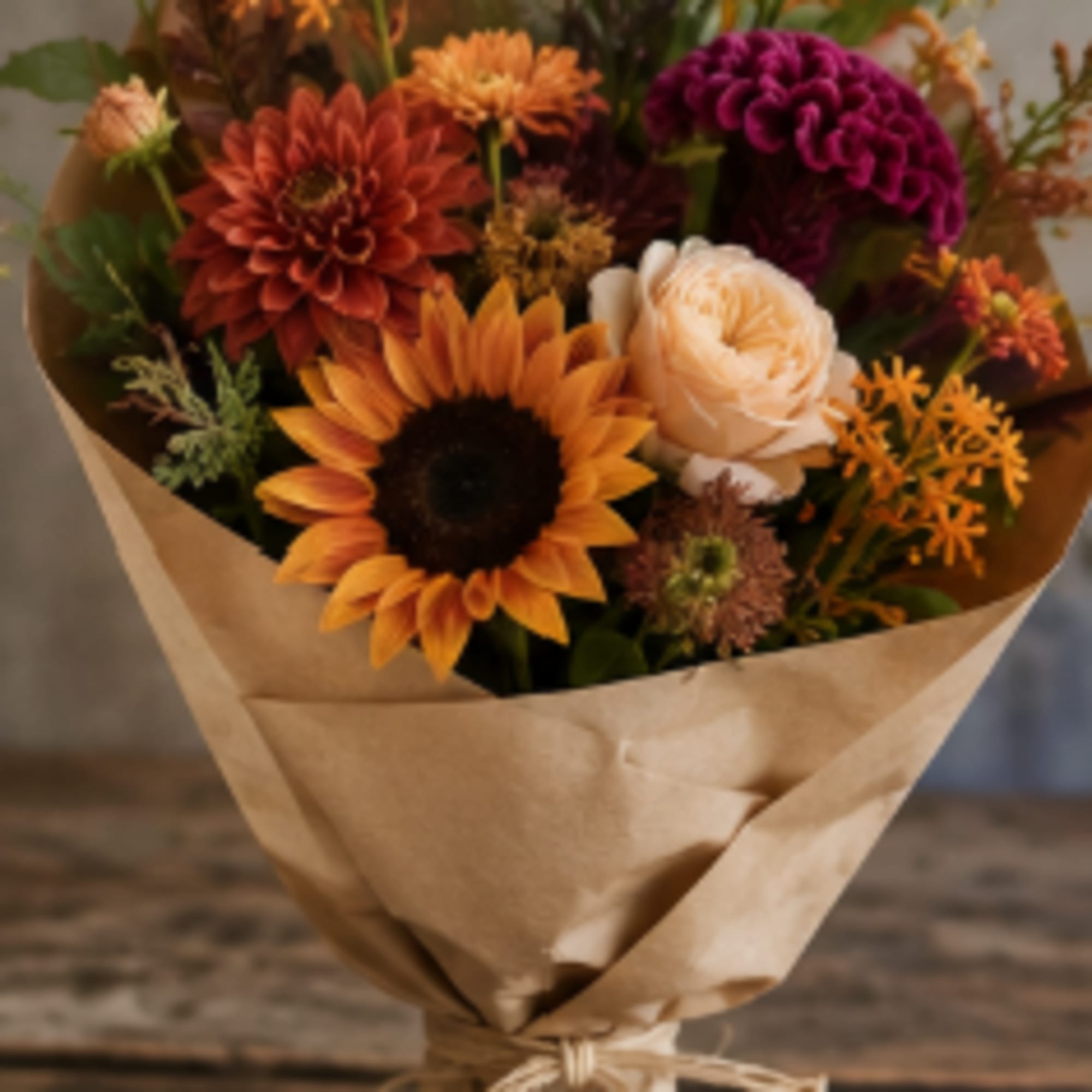 Bouquet of orange, peach, and purple flowers wrapped in kraft paper