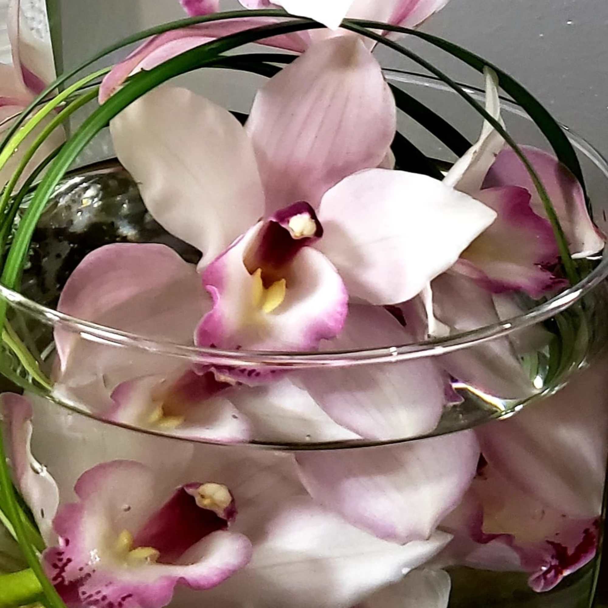 Pink and white orchids arranged in a clear glass bowl