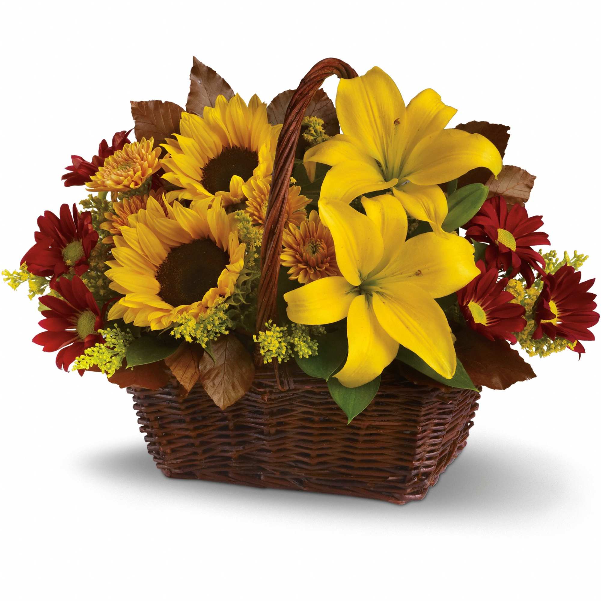 Basket arrangement with yellow lilies, sunflowers, and red daisies