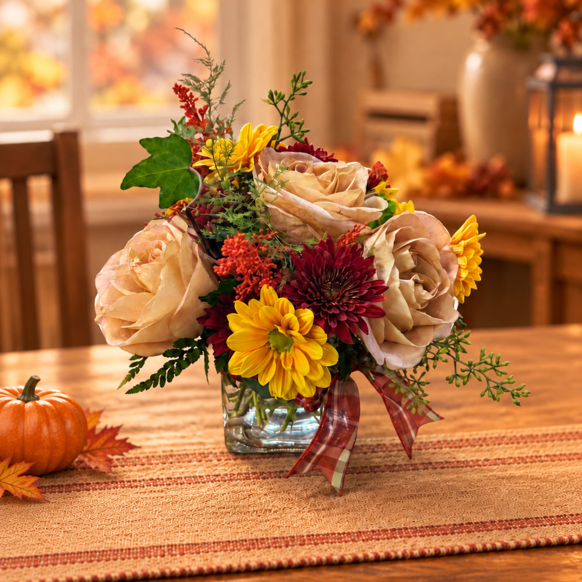 Autumn bouquet of beige roses and yellow chrysanthemums in a glass vase