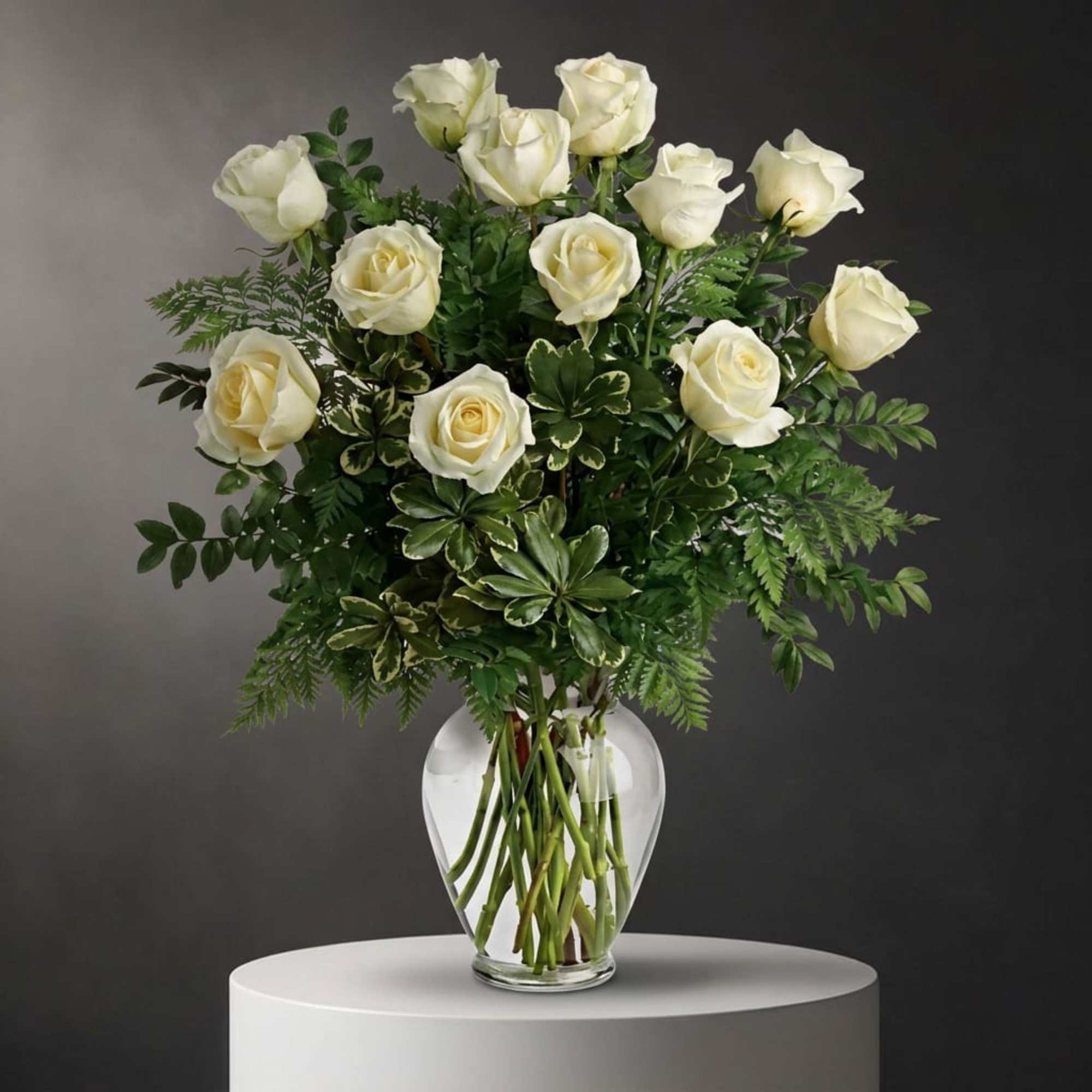 White roses arranged in a clear glass vase with mixed greenery