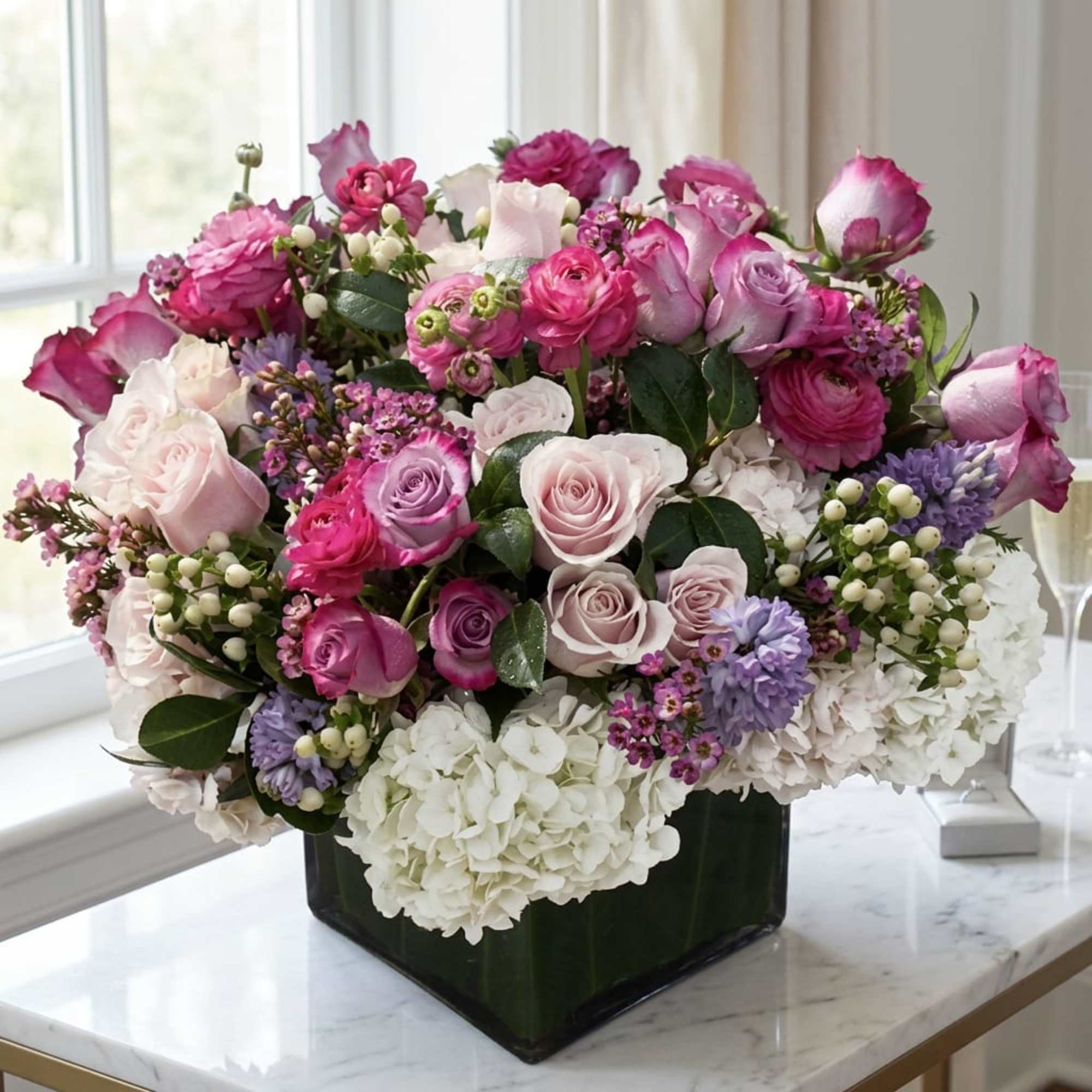 Pink and lavender roses with white hydrangeas in a square glass vase