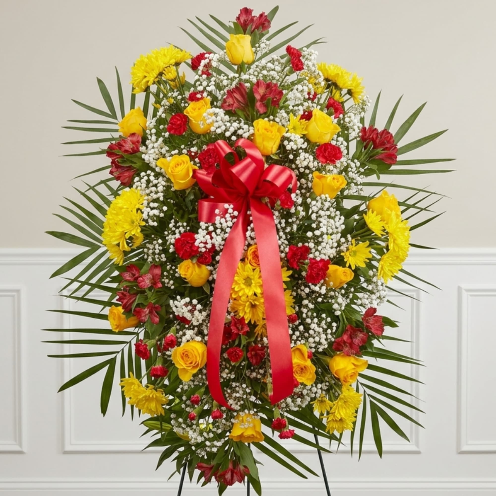 Standing floral wreath with yellow and red flowers and a red ribbon bow