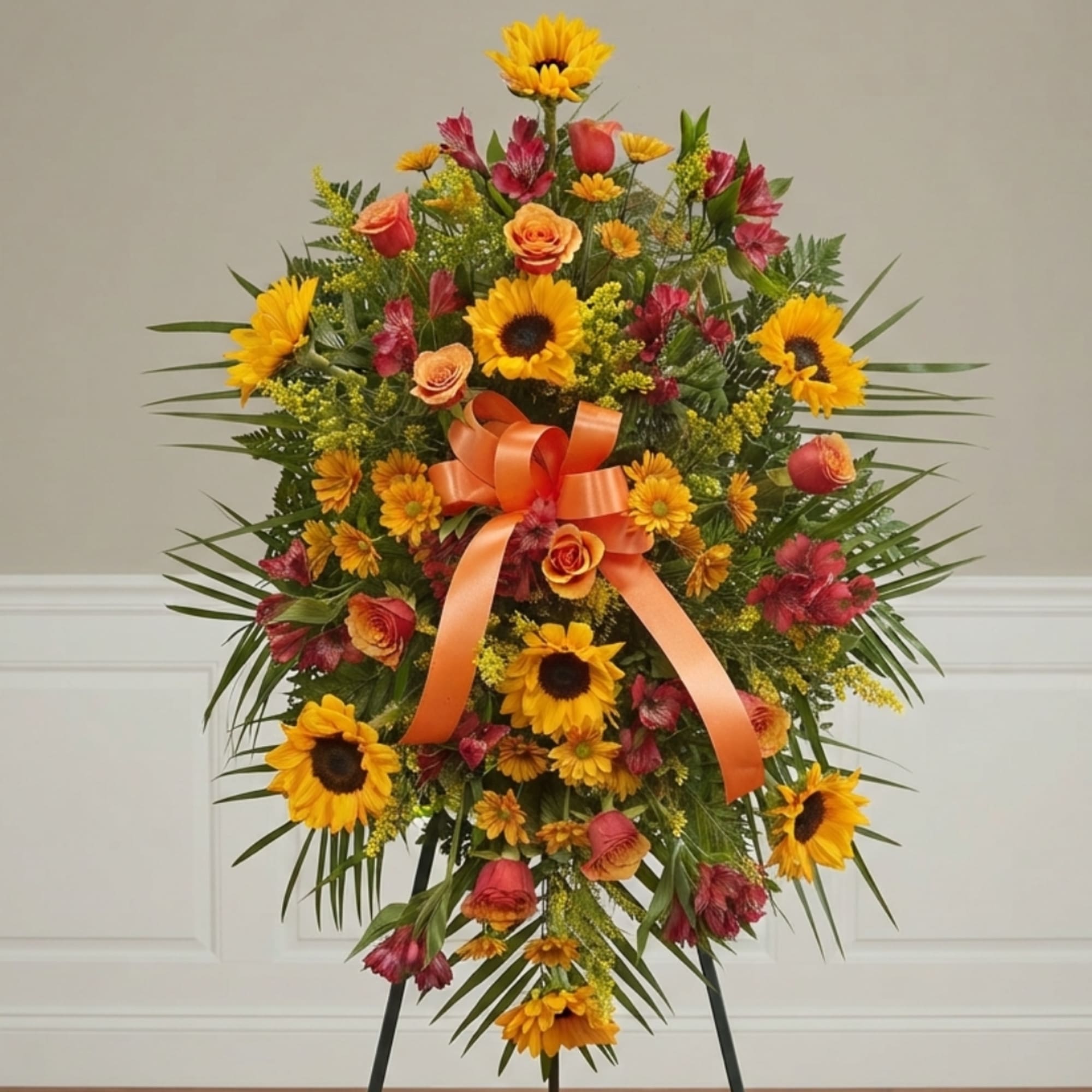 Standing floral spray with sunflowers, orange roses, and a ribbon bow