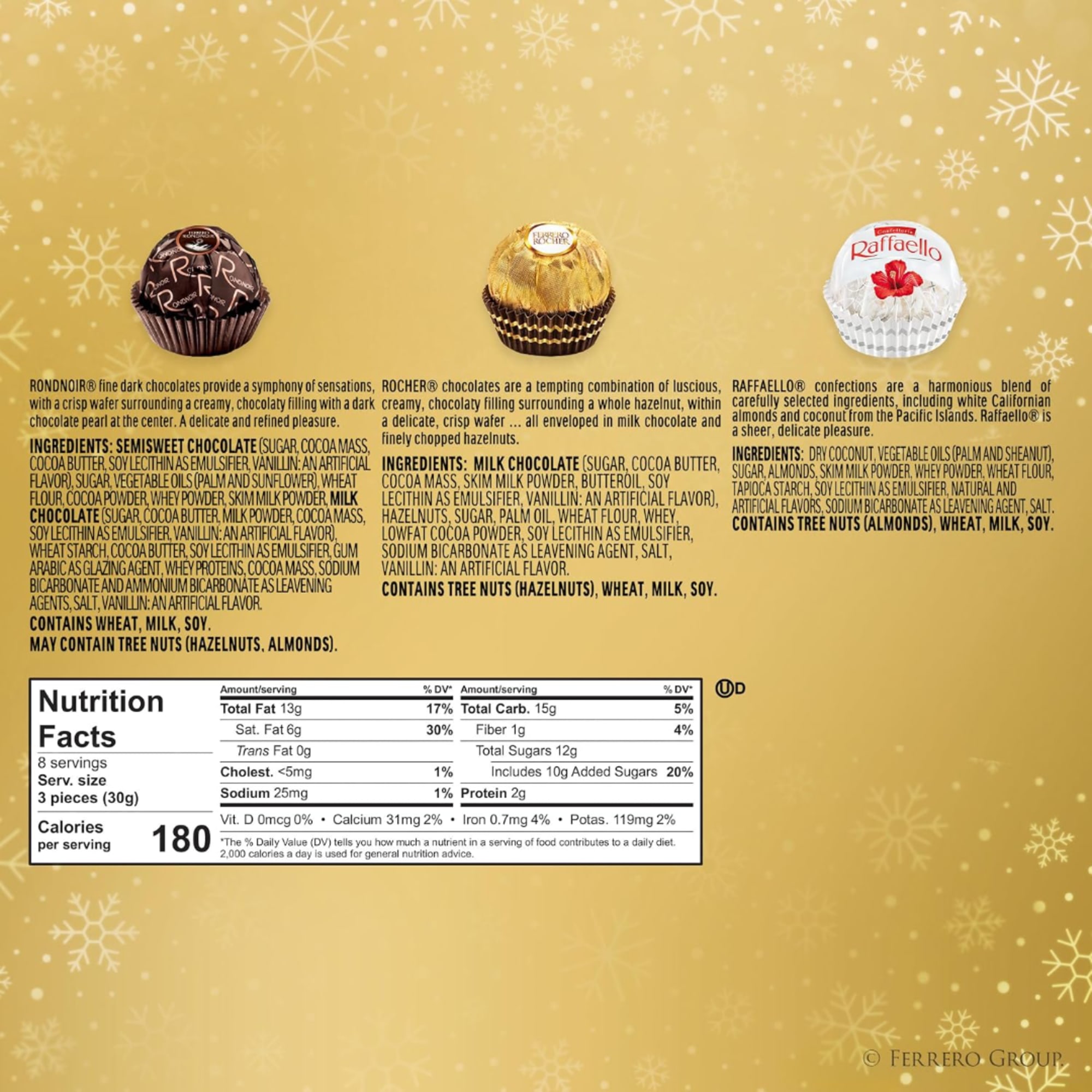 Assorted Ferrero chocolates on a gold snowflake background with nutrition text