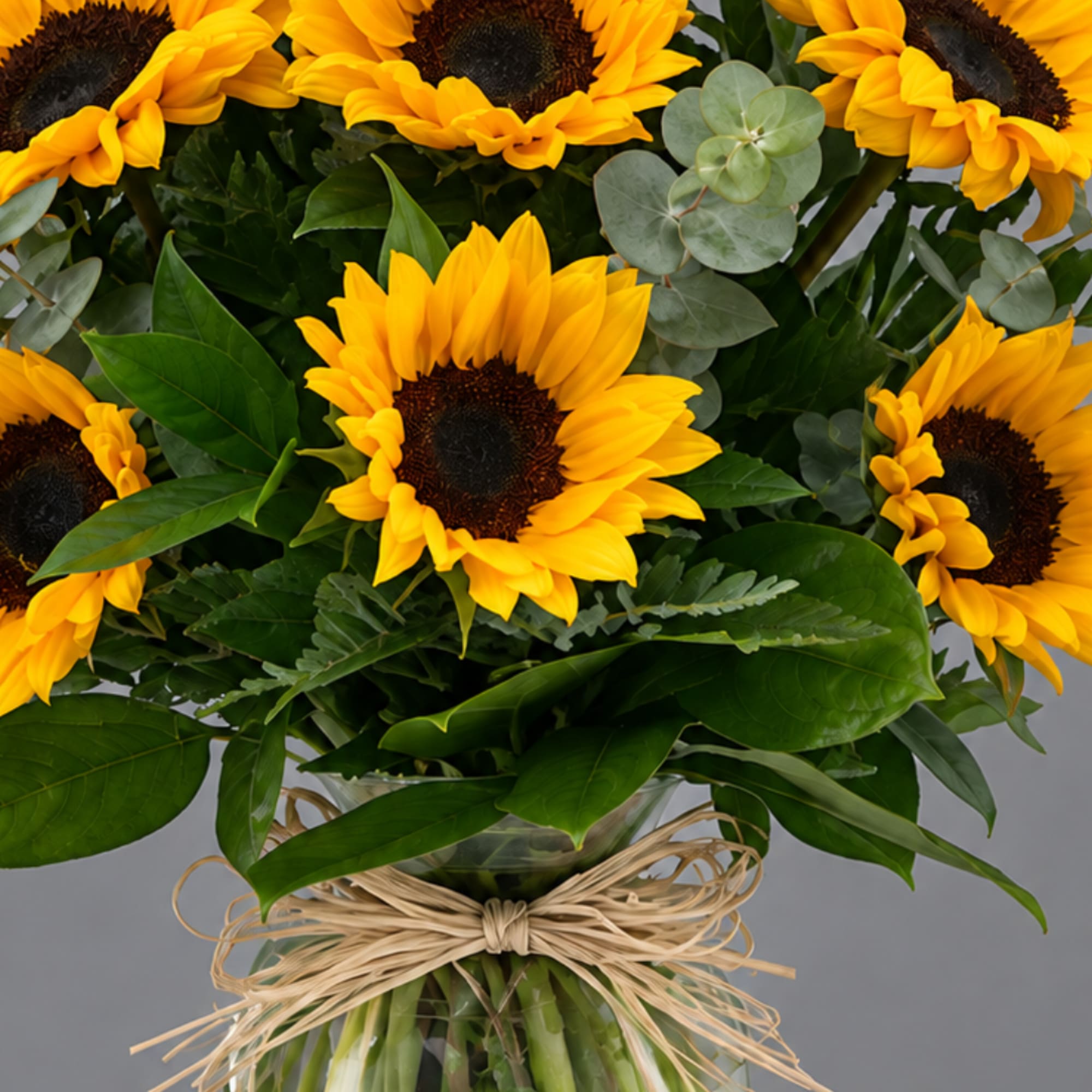 Bouquet of yellow sunflowers in a glass vase with a raffia bow