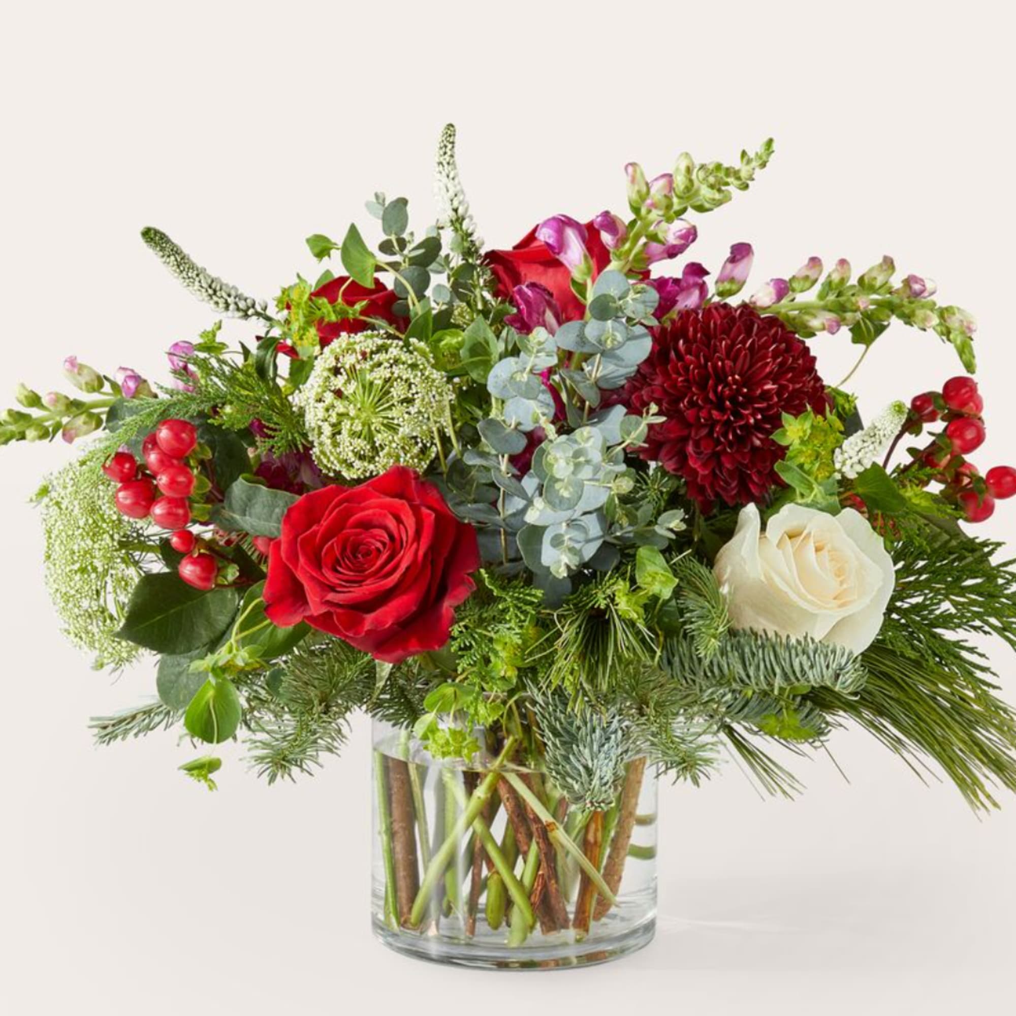 Red and white roses with burgundy blooms in a glass vase