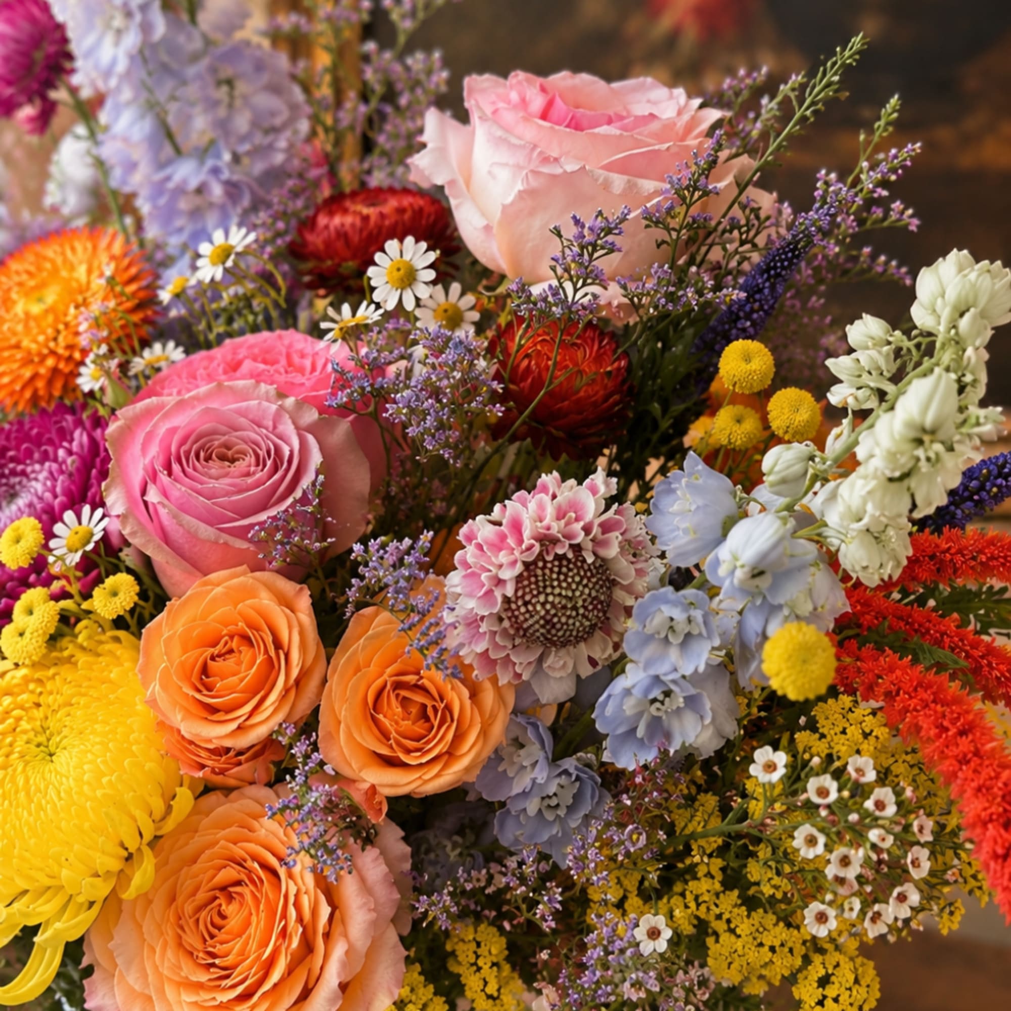 Mixed bouquet with pink and orange roses, yellow mums, and blue flowers