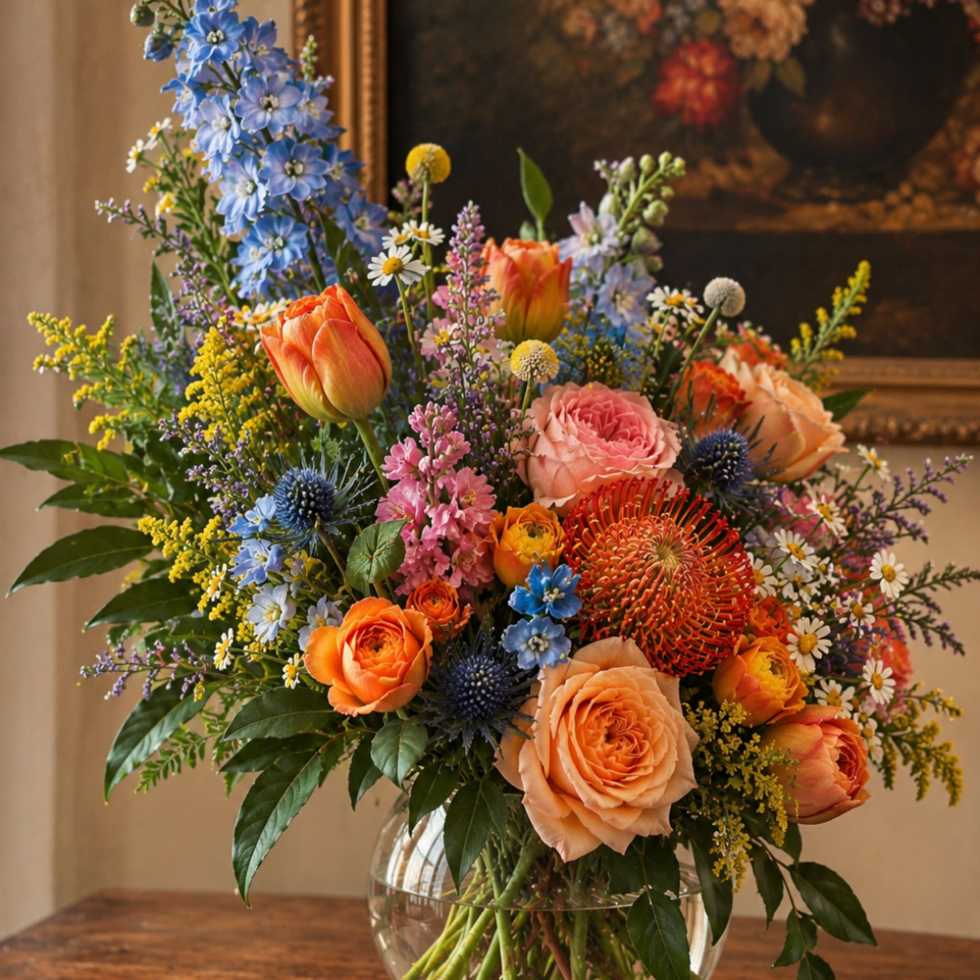 Mixed bouquet of orange, pink, and blue flowers in a clear glass vase