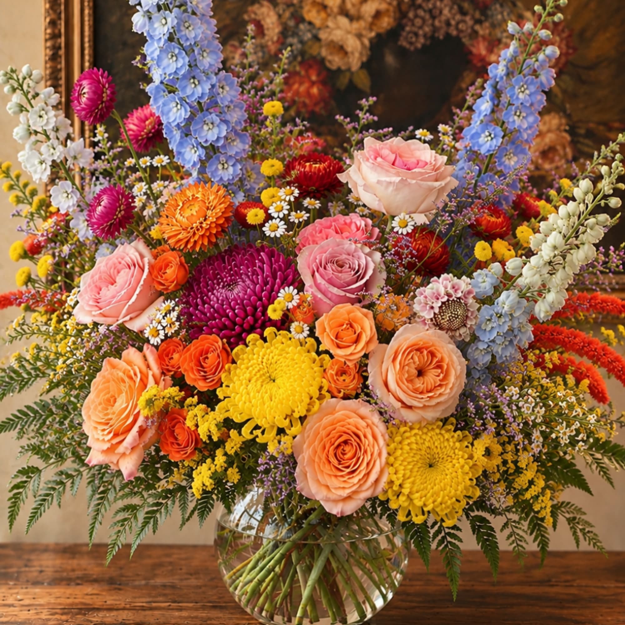Colorful mixed bouquet in a clear glass vase with roses, chrysanthemums, and delphinium