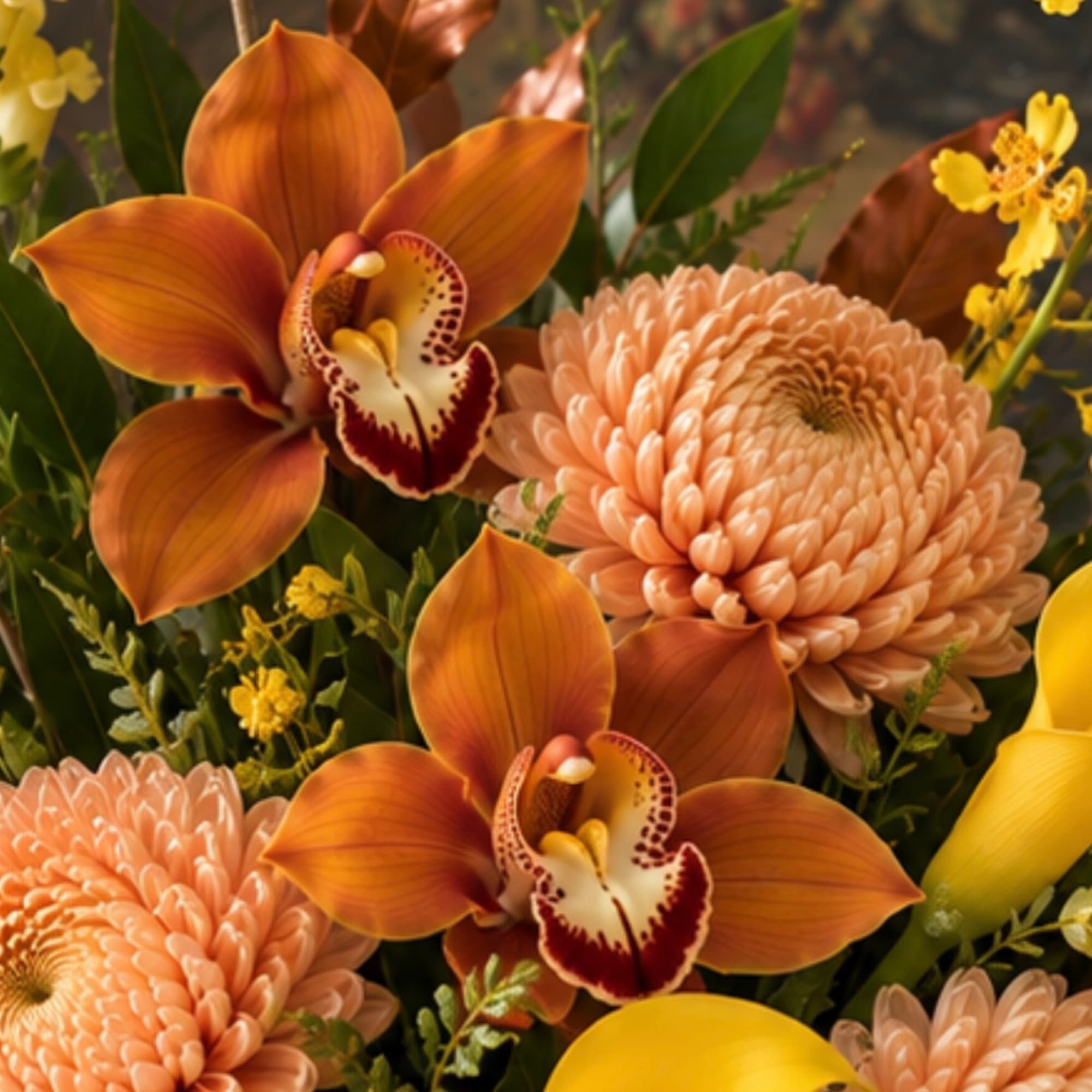 Orange orchids and peach chrysanthemums in a close floral arrangement