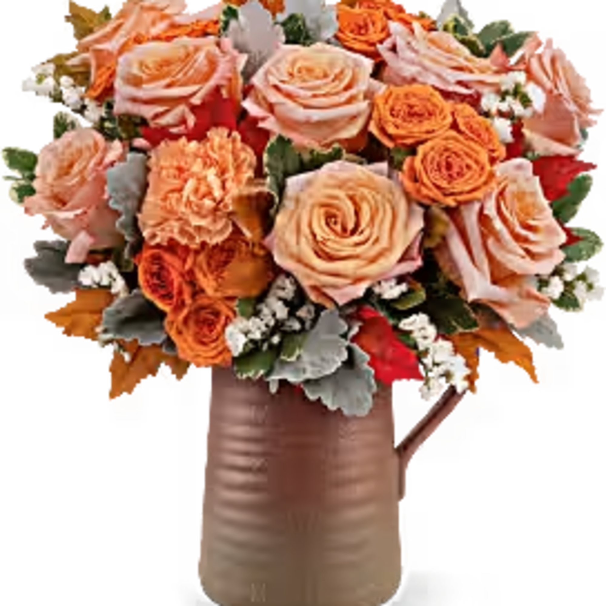 Peach and orange rose bouquet in a ribbed vase