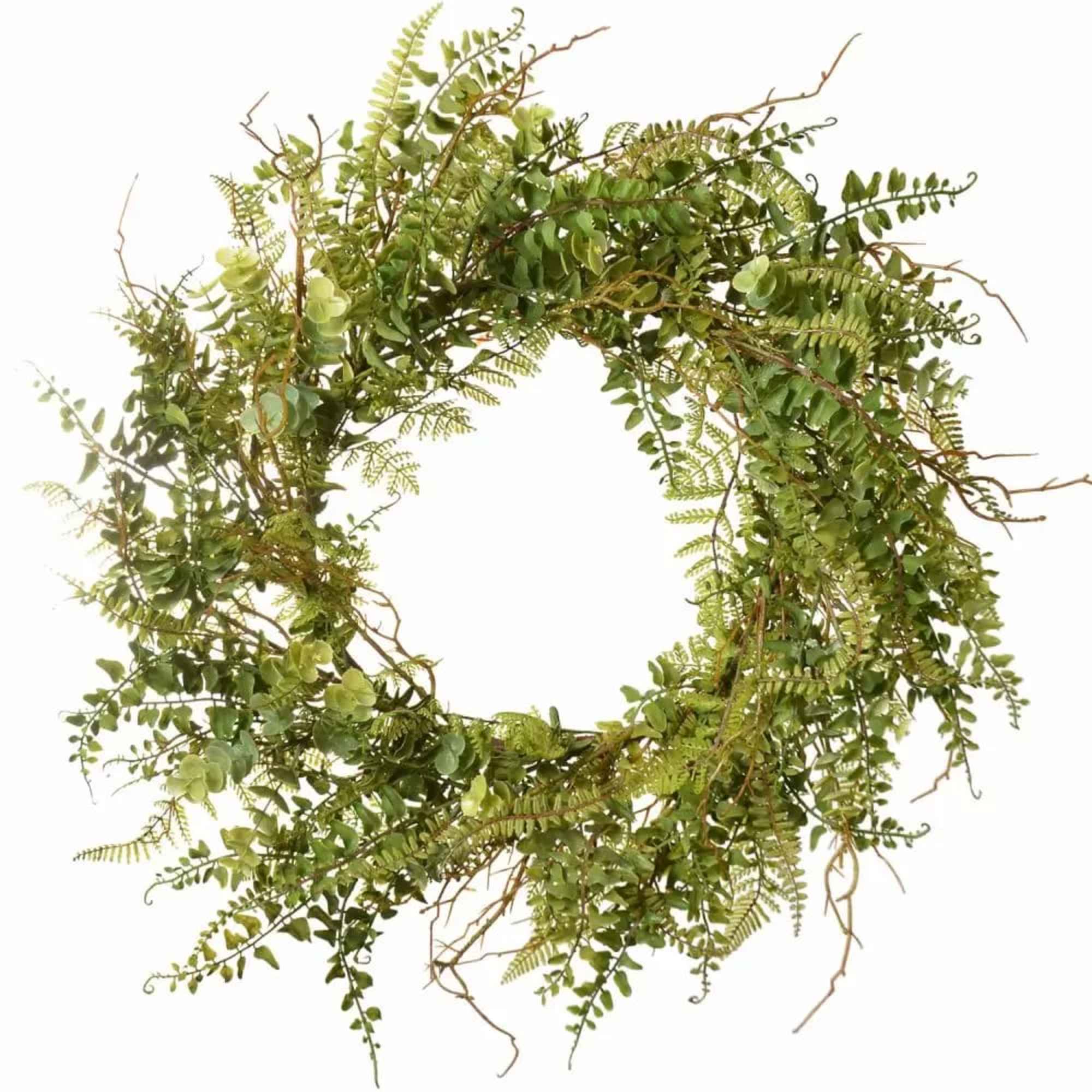Circular greenery wreath with mixed fern and eucalyptus-like foliage