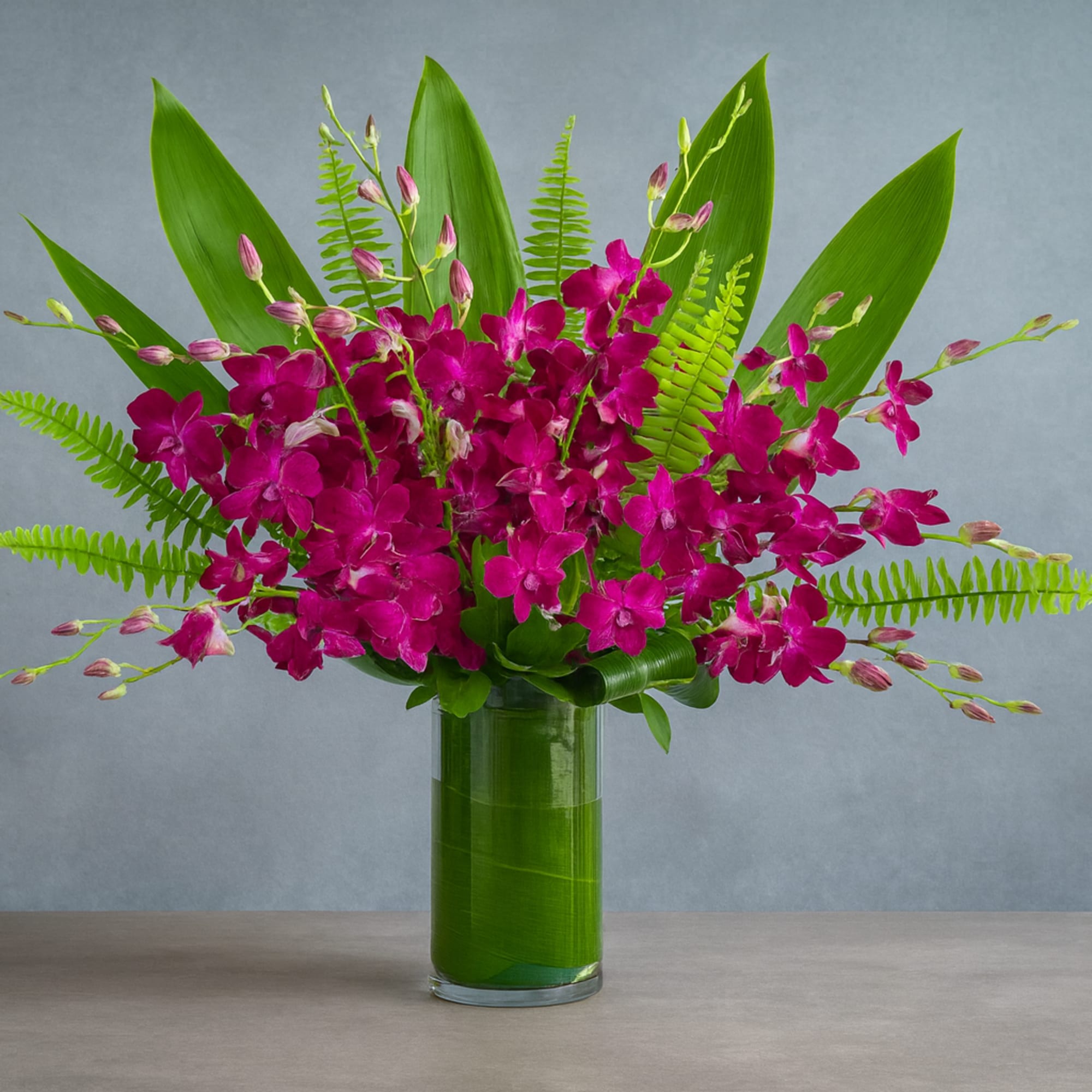 Magenta orchid arrangement in a tall glass vase with bright green leaves